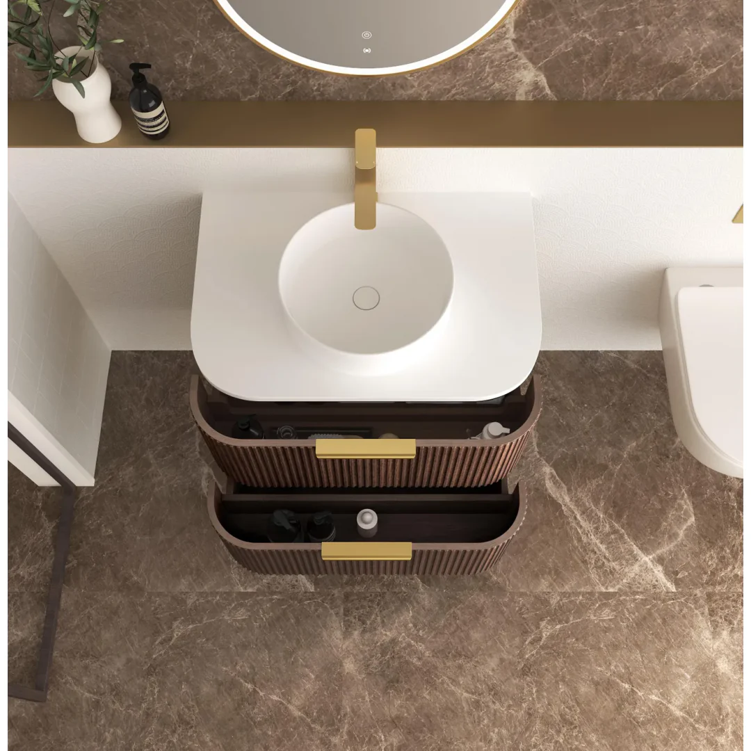 Otti Havana 750 Sable Walnut Fluted Wall Hung Curve Vanity With Pure White Top - Image 5