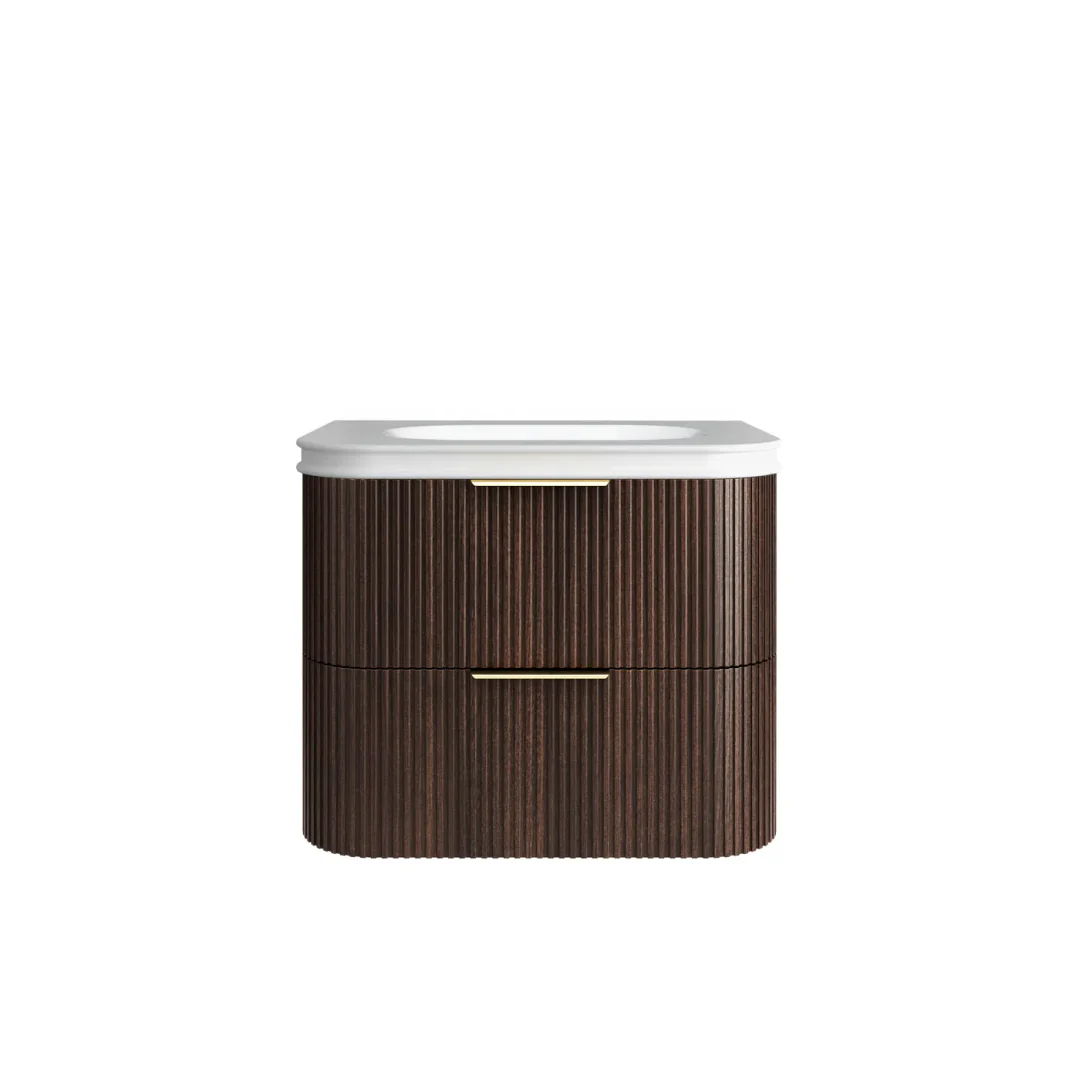 Otti Havana 750 Sable Walnut Fluted Wall Hung Curve Vanity With Square Basin Moulded Top