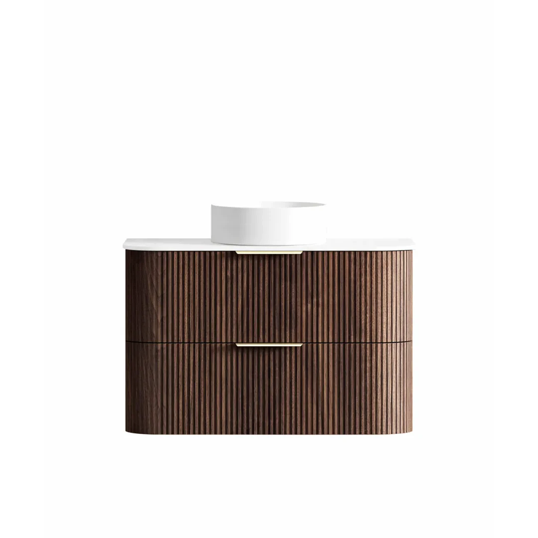 Otti Havana 900 Sable Walnut Fluted Wall Hung Curve Vanity With Cloudy Carrara Top