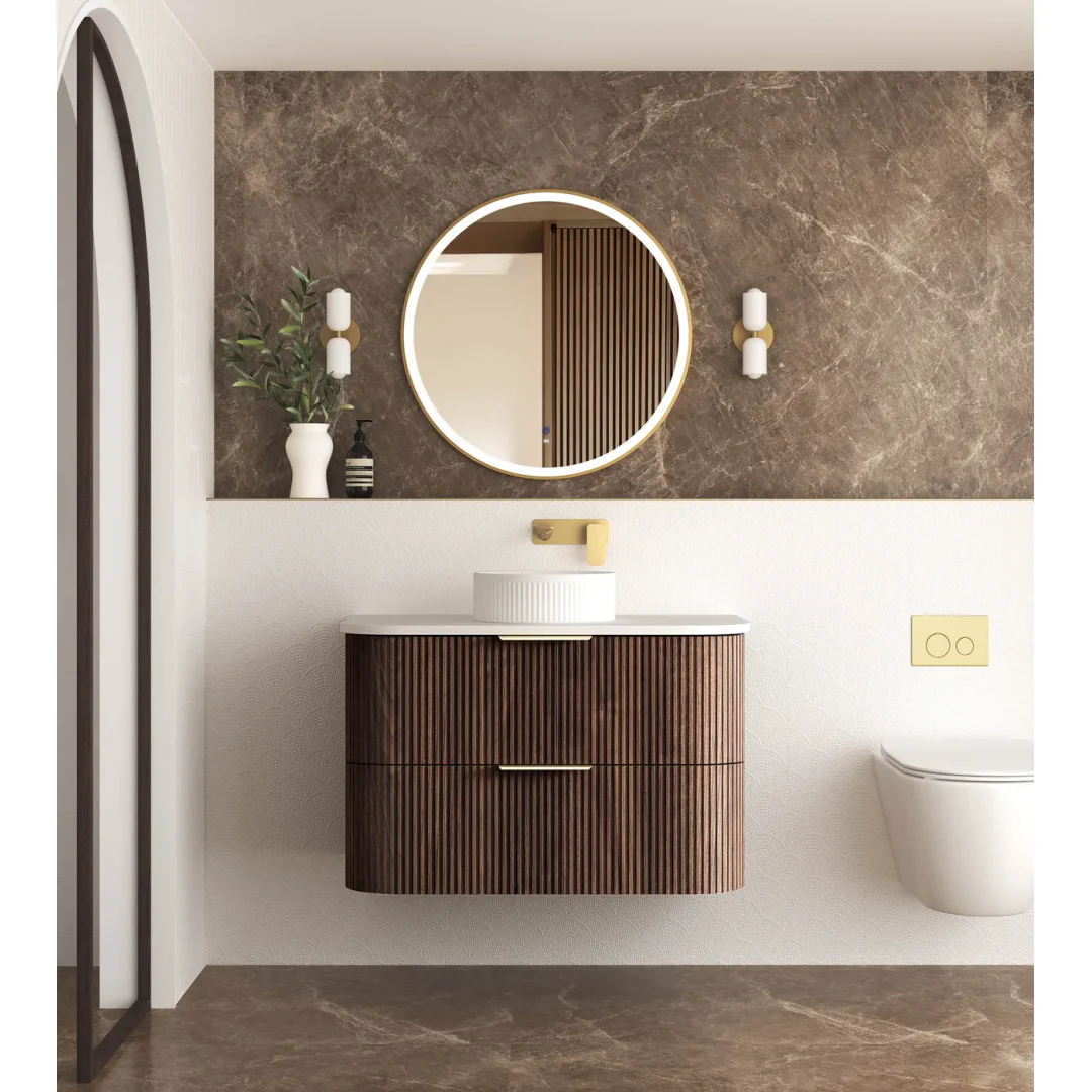 Otti Havana 900 Sable Walnut Fluted Wall Hung Curve Vanity With Cloudy Carrara Top - Image 3