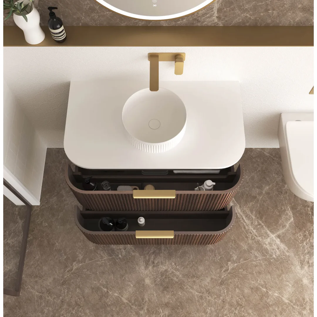 Otti Havana 900 Sable Walnut Fluted Wall Hung Curve Vanity With Cloudy Carrara Top - Image 5