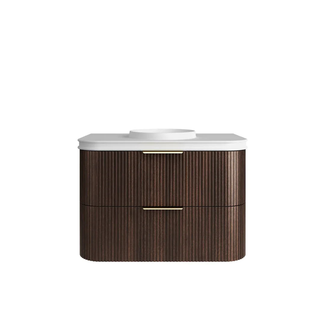 Otti Havana 900 Sable Walnut Fluted Wall Hung Curve Vanity With Round Basin Moulded Top