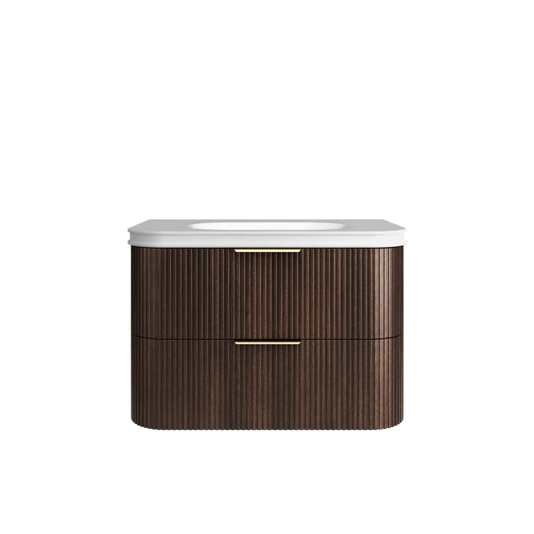 Otti Havana 900 Sable Walnut Fluted Wall Hung Curve Vanity With Square Basin Moulded Top