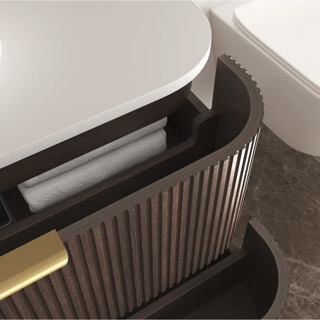 Otti Havana 900 Sable Walnut Fluted Wall Hung Curve Vanity With Square Basin Moulded Top - Image 5