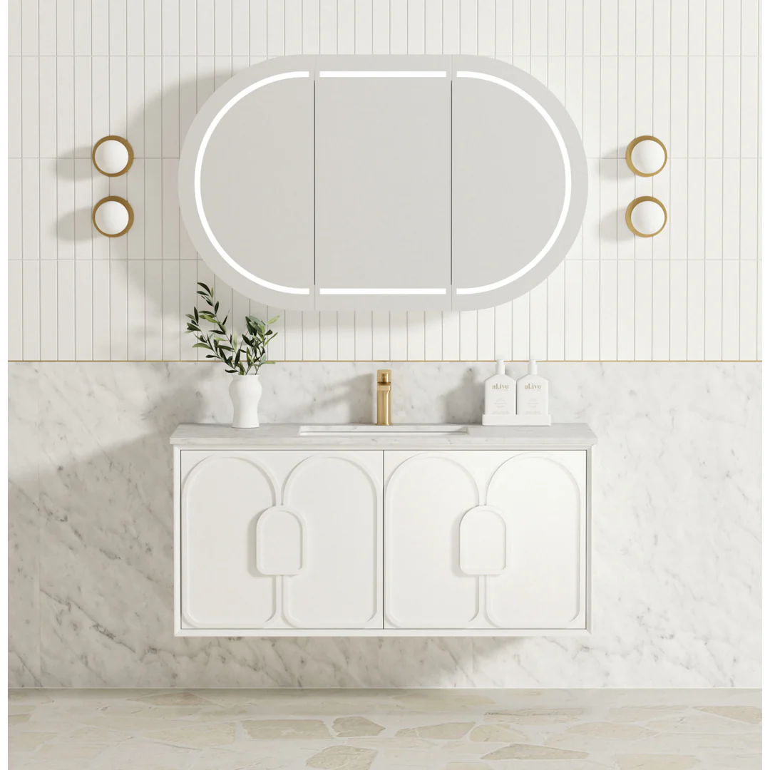 Otti Laguna Mk Ii 1200 Matte White Wall Hung Vanity With U/Mount Carrara Marble Top & Basin