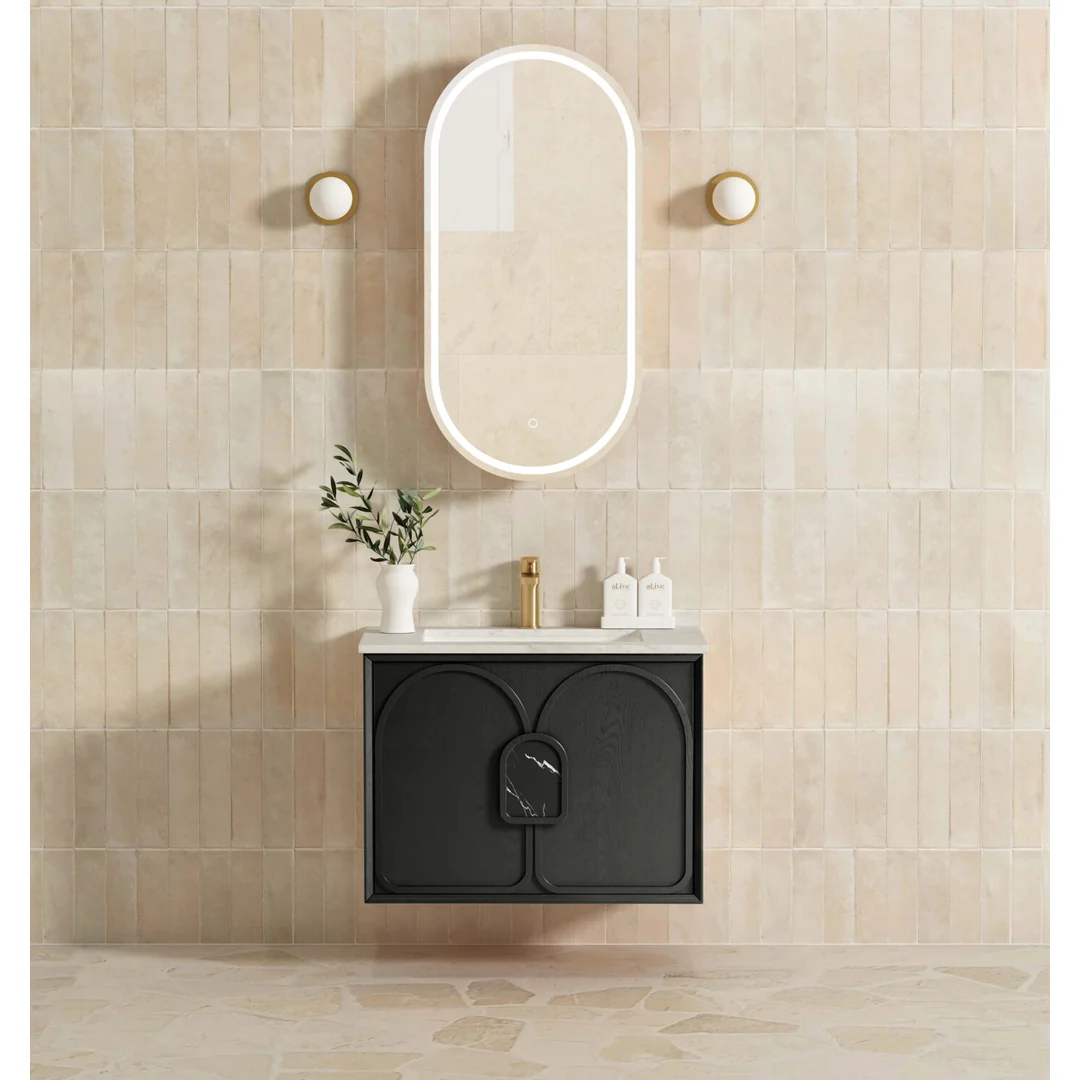 Otti Laguna Mk Ii 750 Black Oak Wall Hung Vanity With U/Mount Carrara Marble Top & Basin