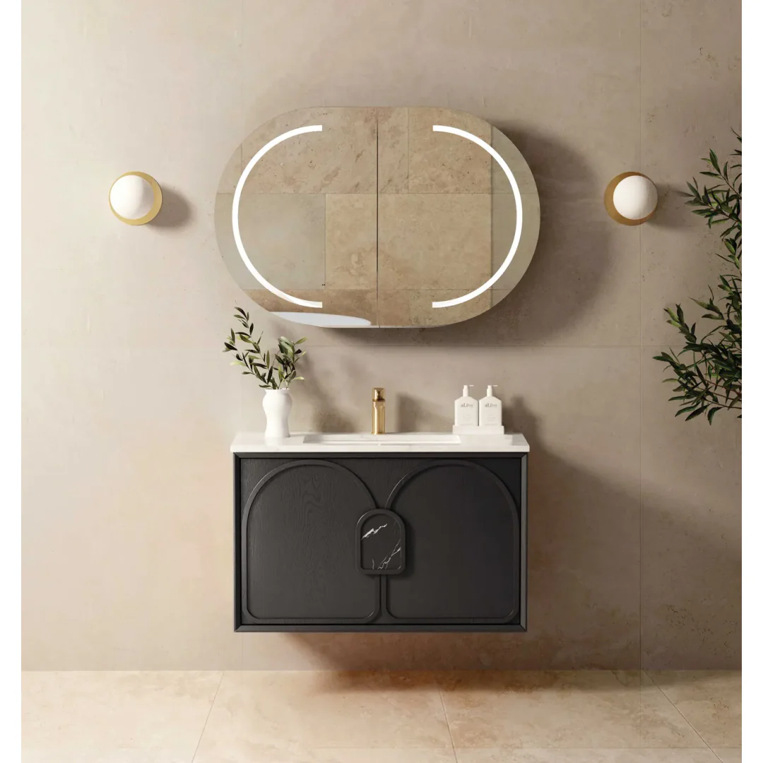 Otti Laguna Mk Ii 900 Black Oak Wall Hung Vanity With U/Mount Carrara Marble Top & Basin