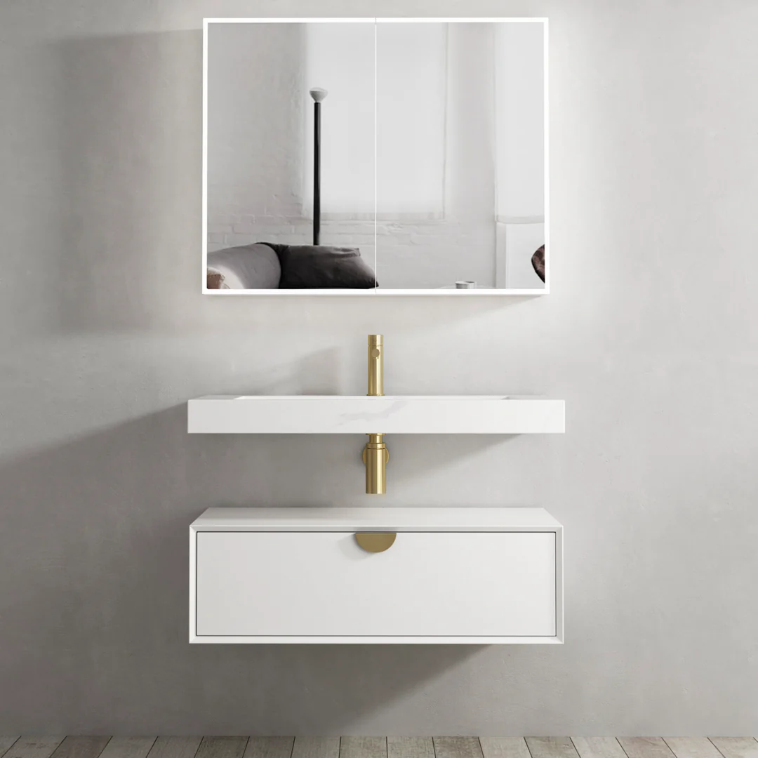 Otti Moonlight Wall Hung Cabinet 900 White Single Basin(Gold Handle) - Image 2