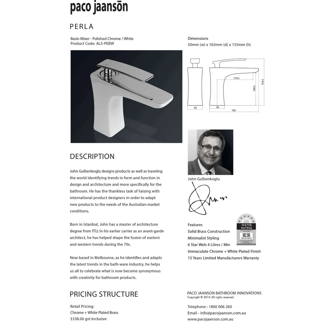Paco Jaanson Perla Basin Mixer White/Chrome - Image 3
