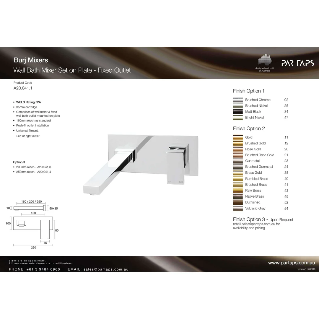 Par Burj Wall Bath Mixer Set On Plate 160mm Chrome (A20.041.1.01) - Image 3