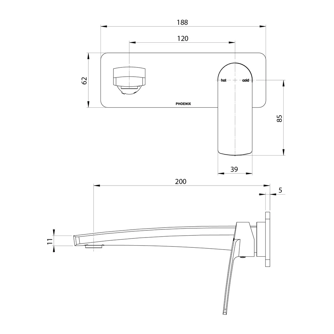 Phoenix Mekko Switchmix Wall Basin/Bath Mixer Set 200mm Fit-Off Kit - Chrome - Image 3