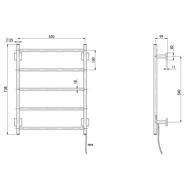 Phoenix Radii Heated Towel Ladder 550mm Square Plate - Matte Black - Image 5