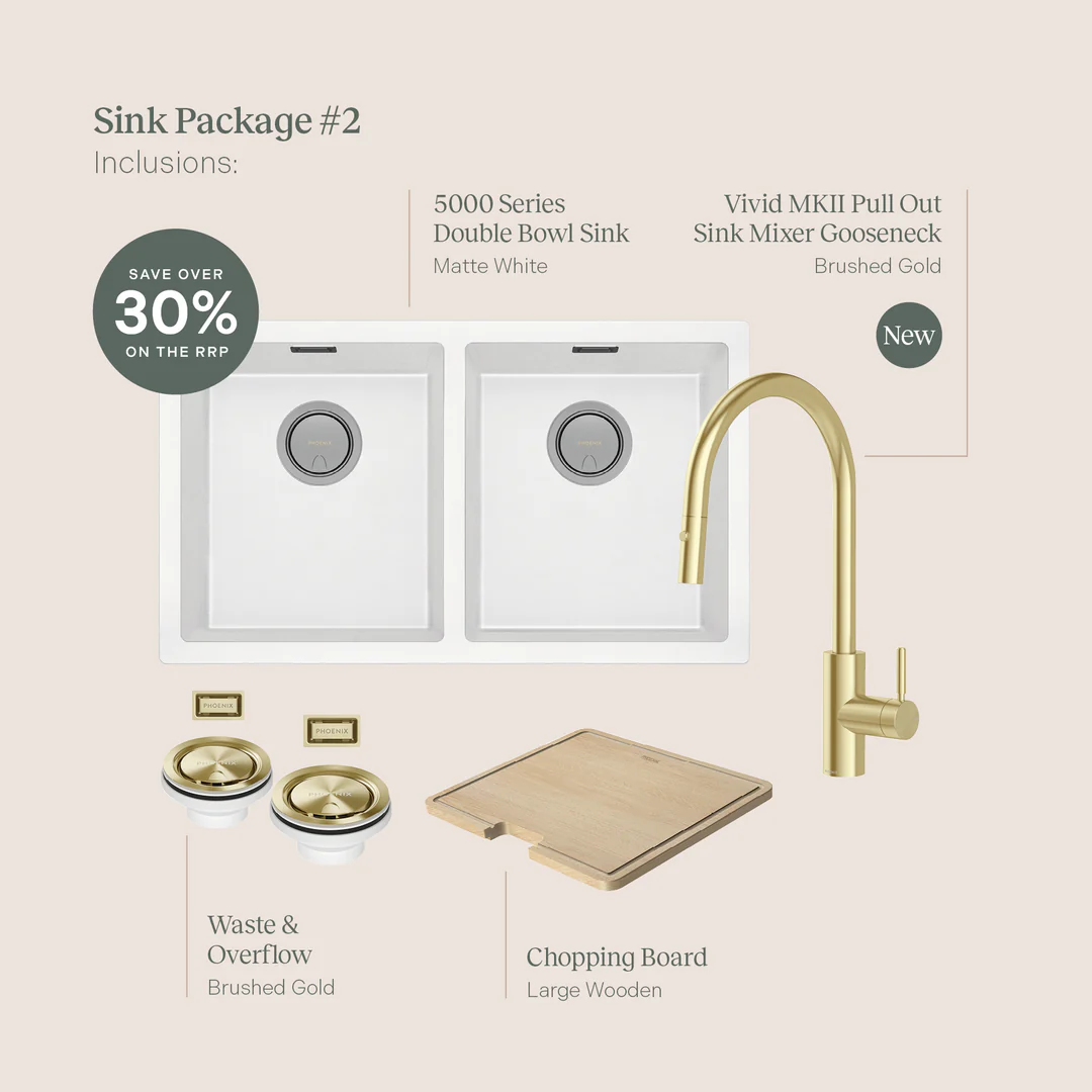 Phoenix Sink Package 2 Matte White Sink & Brushed Gold Mixer 312-2038-12 - Image 3