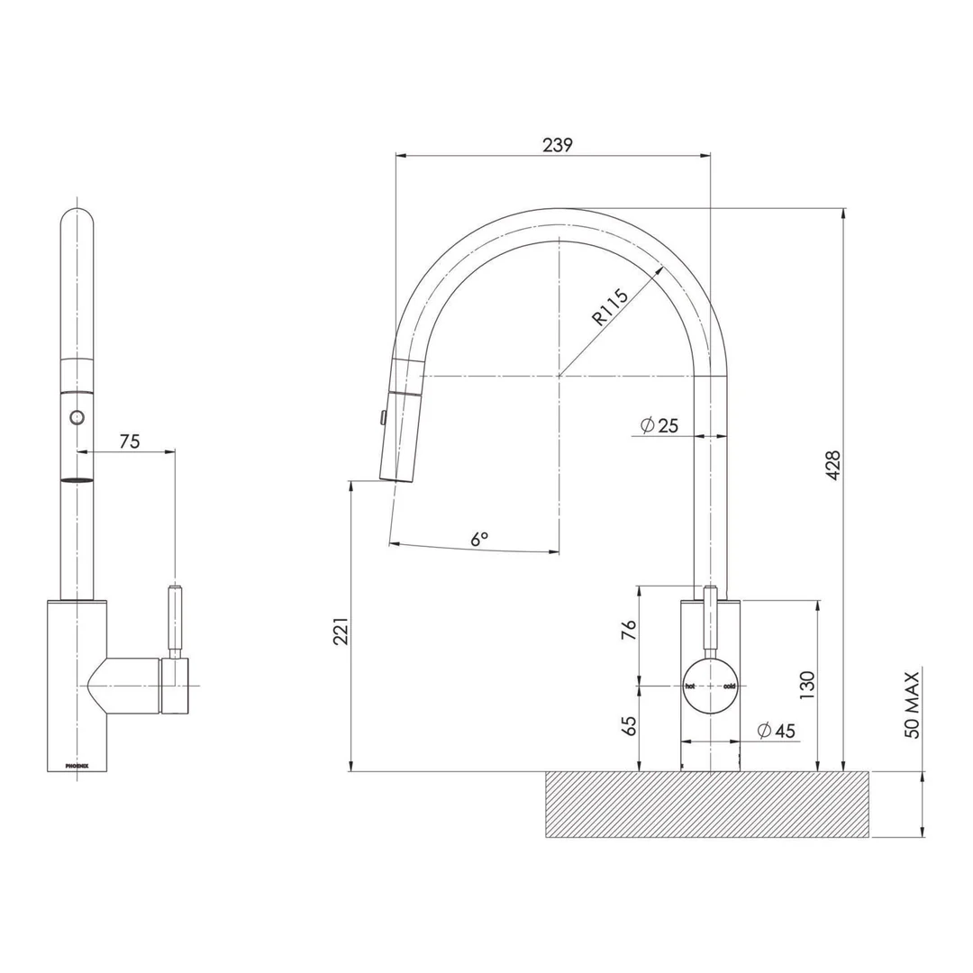 Phoenix Vivid Mkii Pull Out Sink Mixer 240mm Gooseneck Brushed Gold 146-7120-12-1 - Image 2