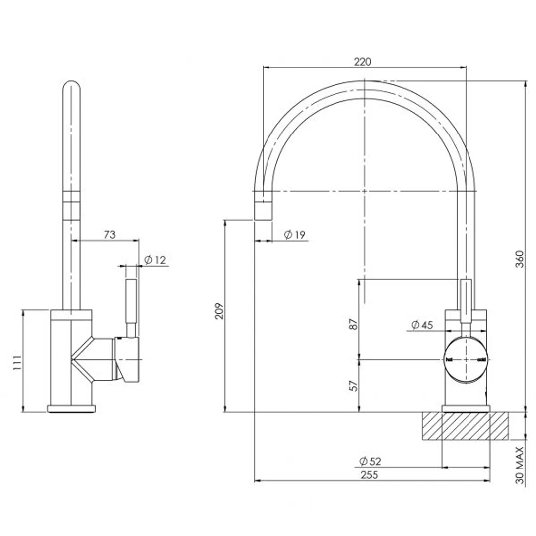 Phoenix Vivid Sidelever Mixer 220mm G/Neck - Chrome - Image 4