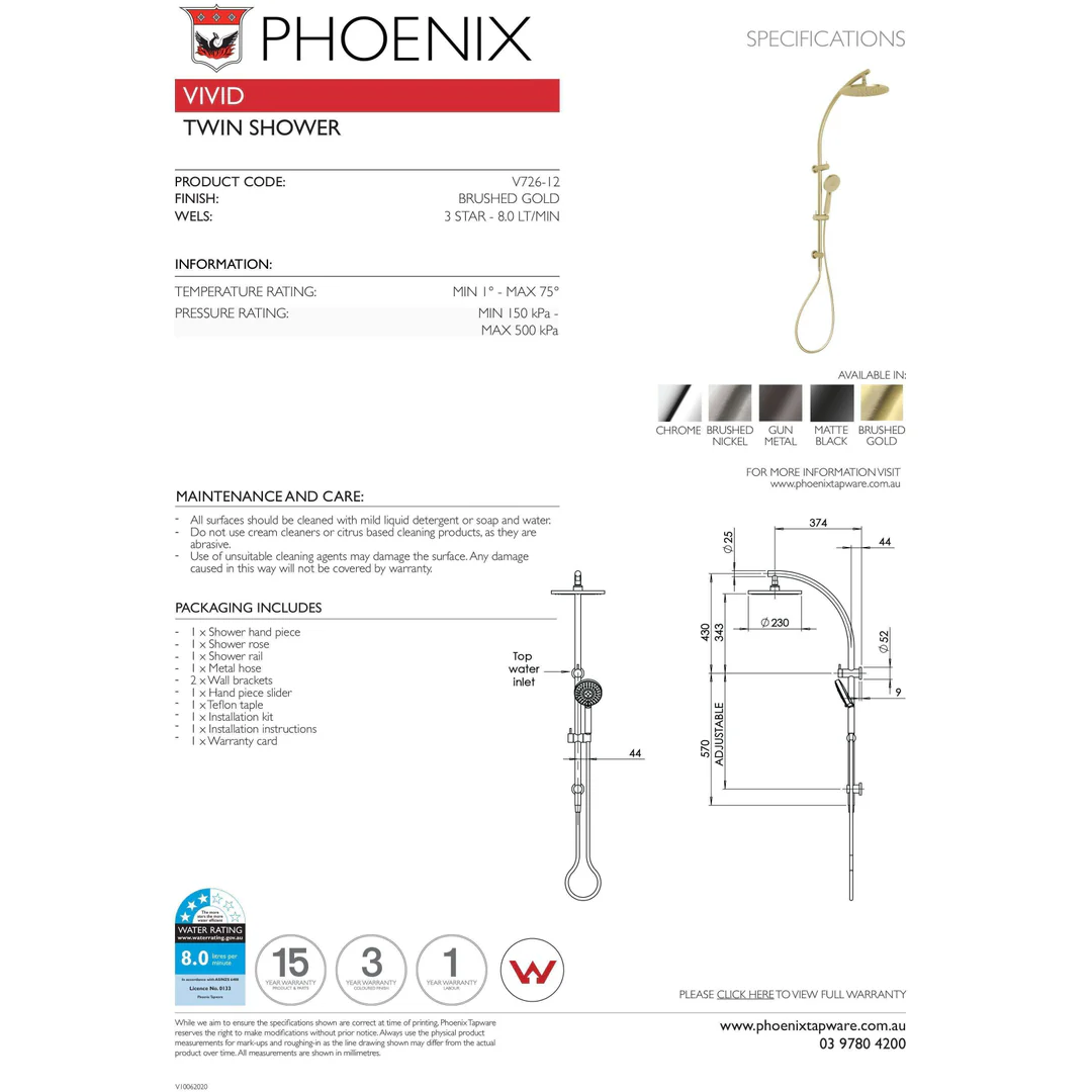 Phoenix Vivid Slim Twin Shower Brushed Gold - Image 4
