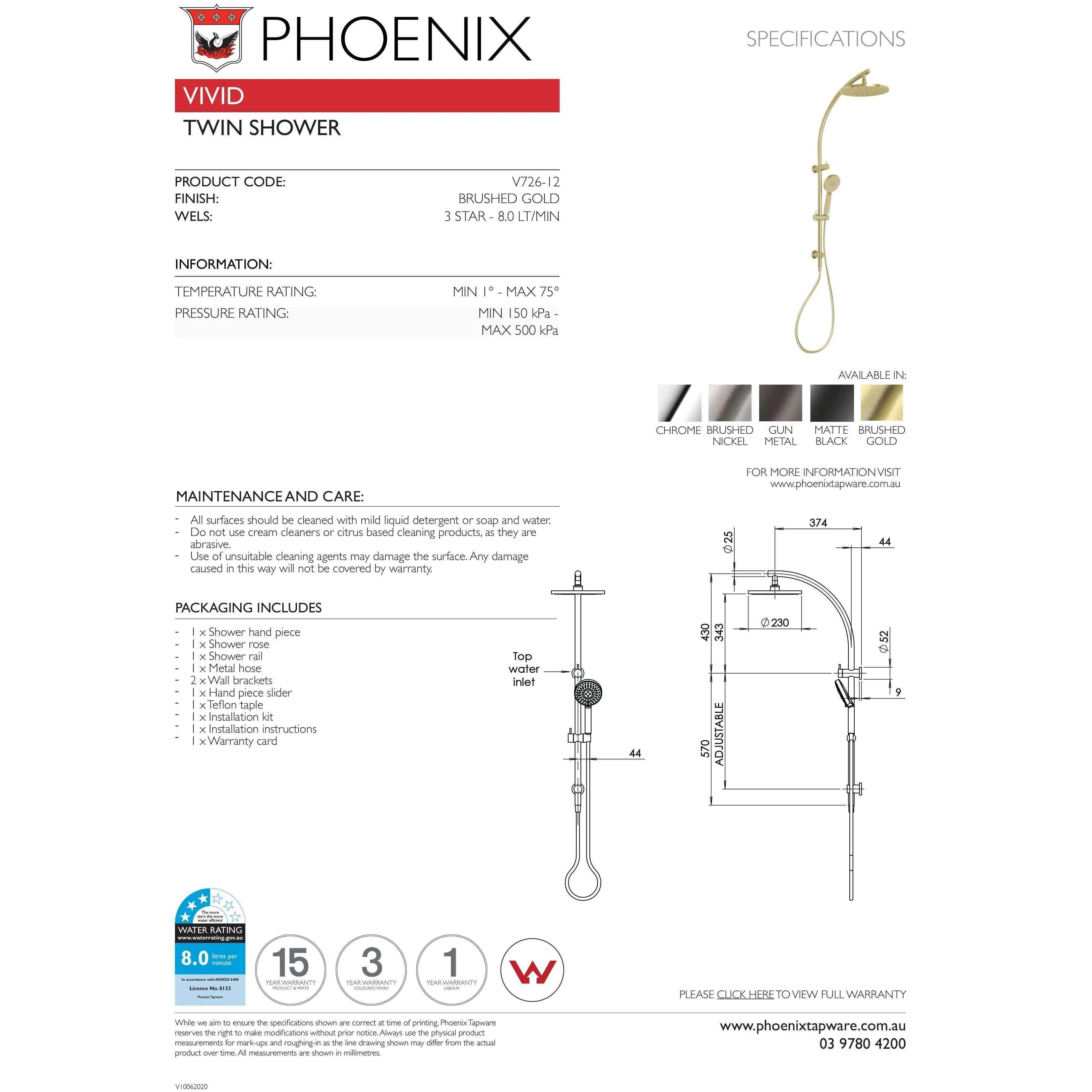 Phoenix Vivid Slim Twin Shower Brushed Gold - Image 5