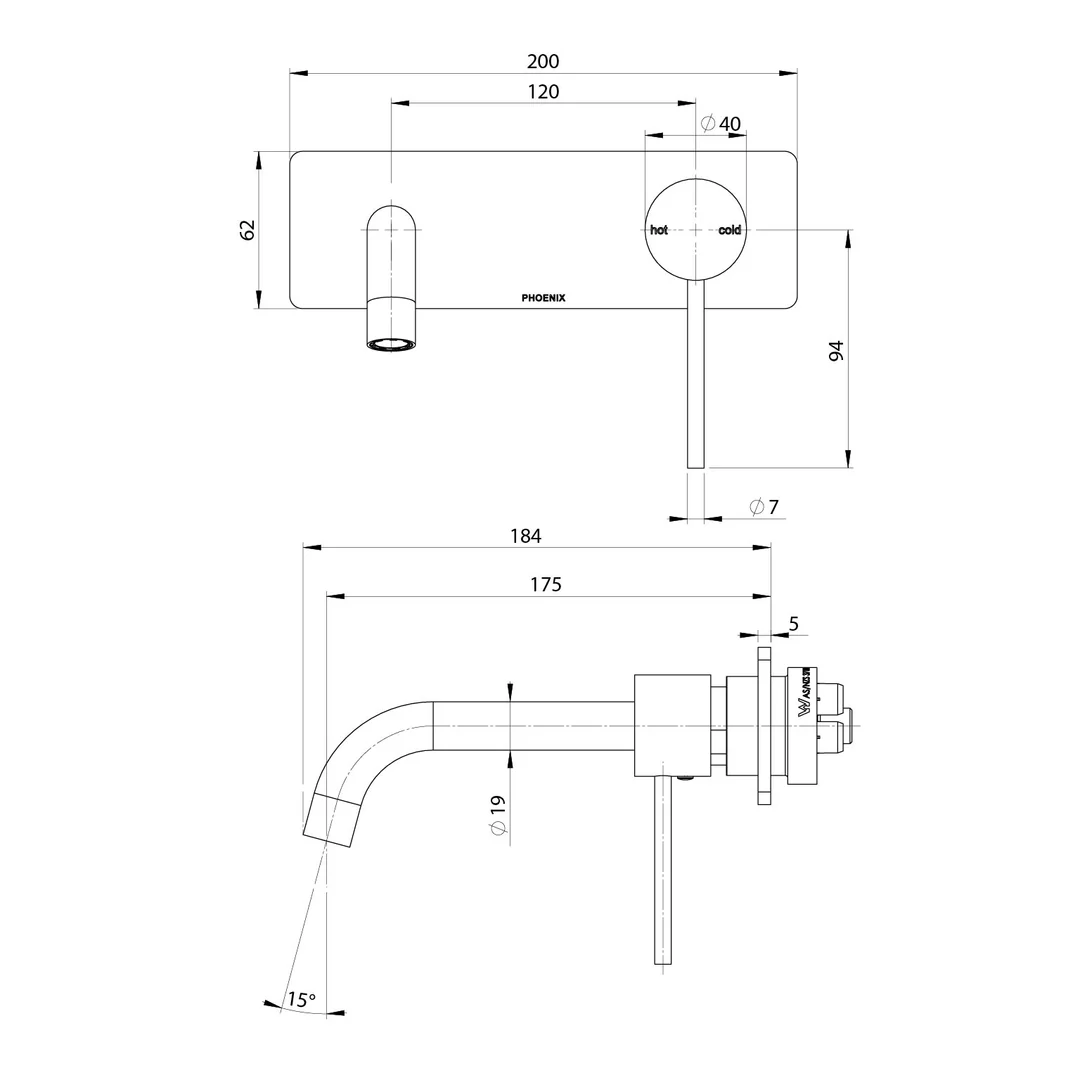 Phoenix Vivid Slimline Switchmix Wall Basin/Bath Mixer Set 180mm Fit-Off Kit - Chrome - Image 3