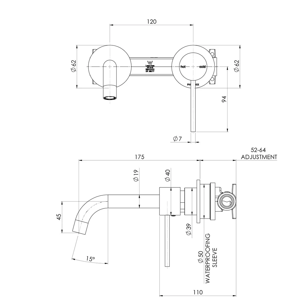 Phoenix Vivid Slimline Switchmix Wall Basin/Bath Mixer Set 60Mm Backplates Matte Black - Image 2