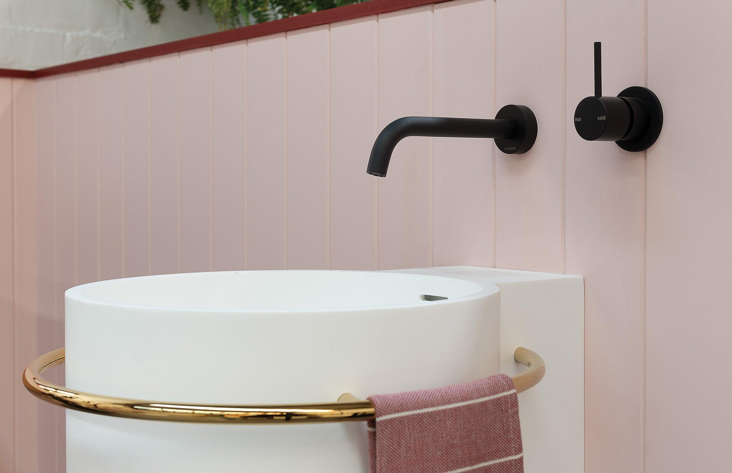 Phoenix Vivid Slimline Wall Bath O/Let Curved 180mm Matt Black - Image 8