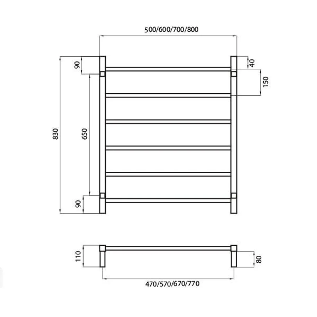 Radiant Square 6 Bar Non-Heated Rail 700mmx830mm Polished Stainless Steel - Image 3
