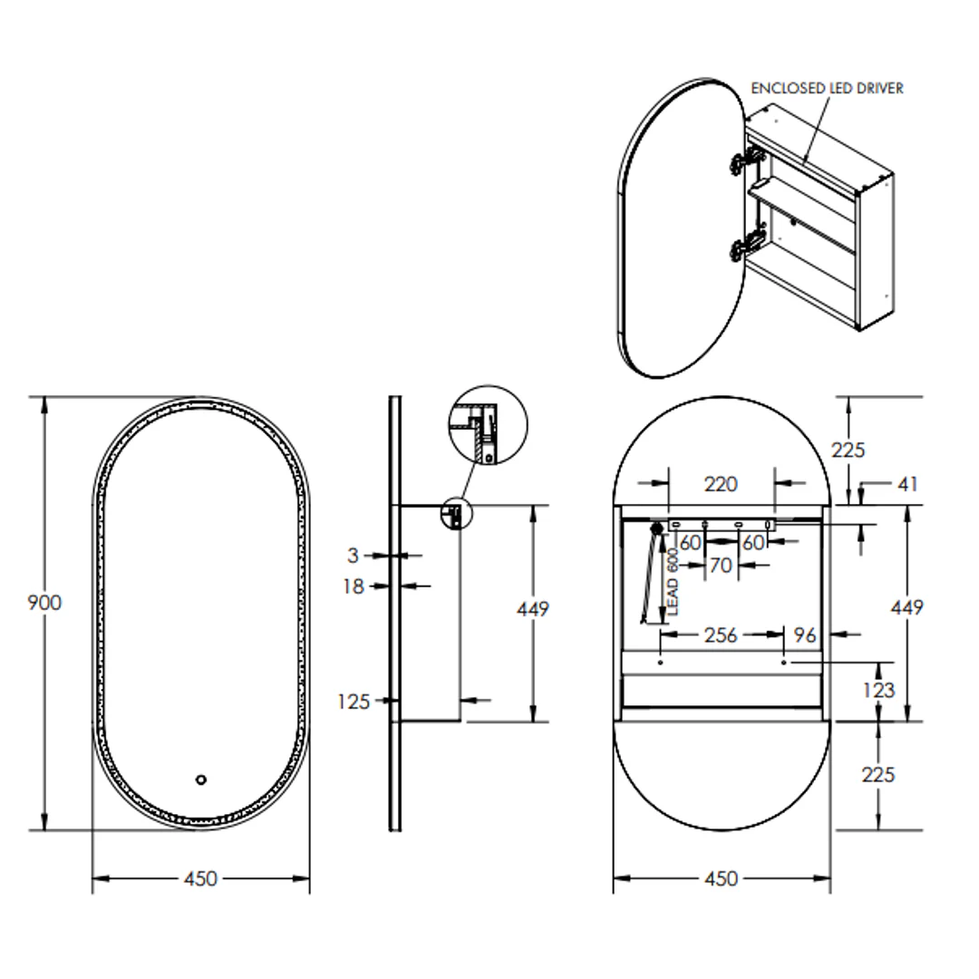 Remer Capsule 450 Led Mirror 450W X 900H X 143D