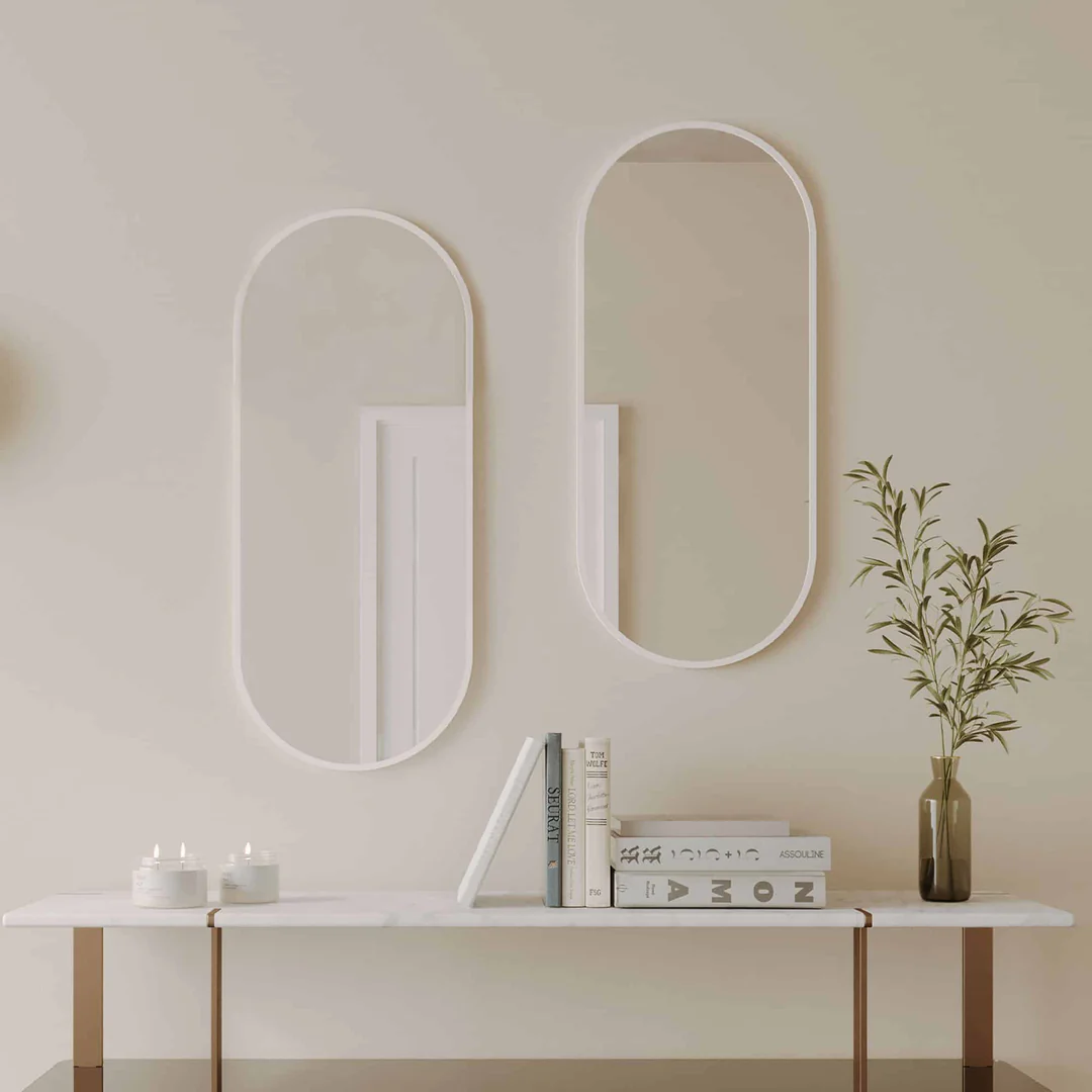 Remer Modern Oblong 460X1210 Milano White Framed Mirror With Mirage Magnifier