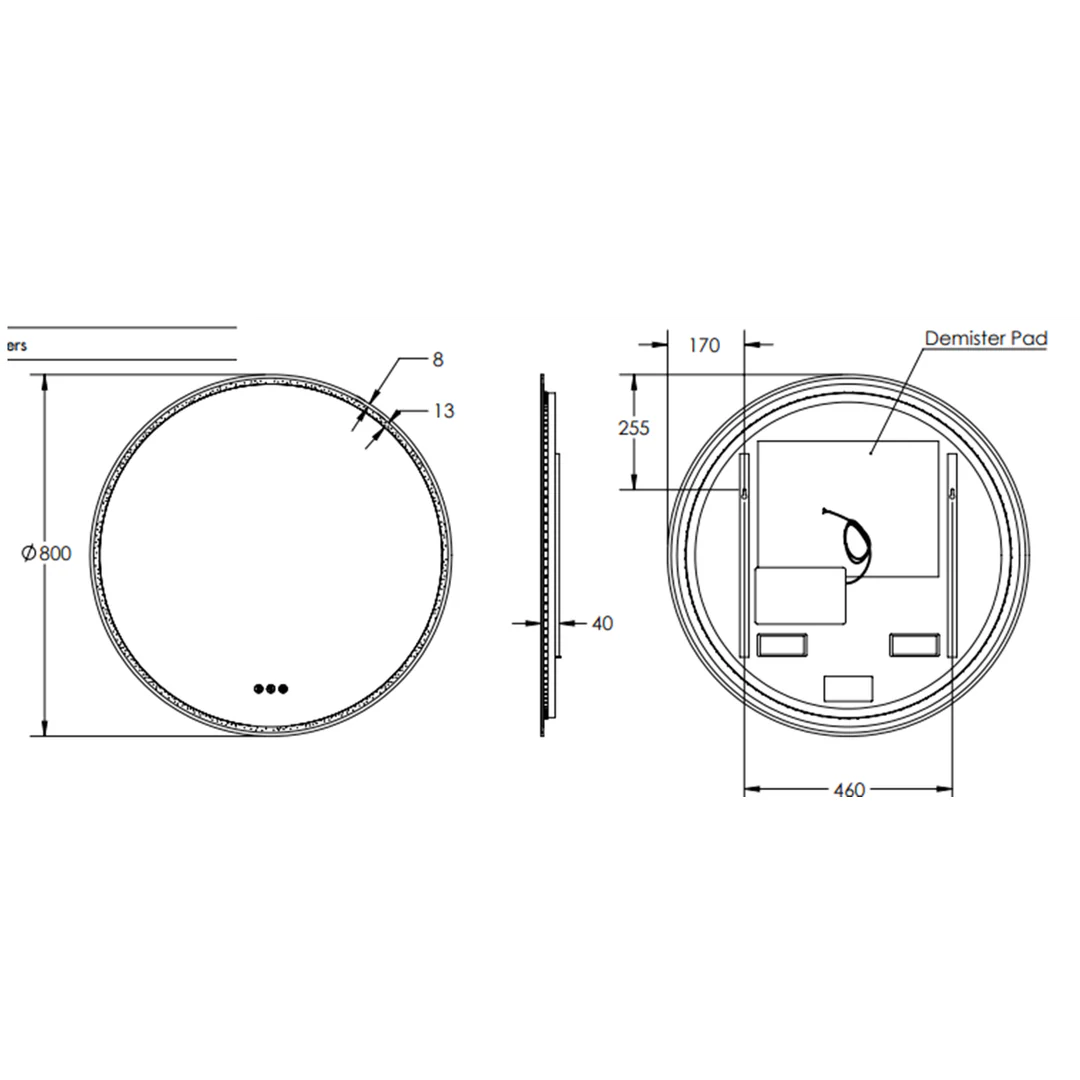 Remer Sphere Led Mirror With Demister + Bluetooth Speakers 810W X 810H X 40D - Matt Black - Image 3
