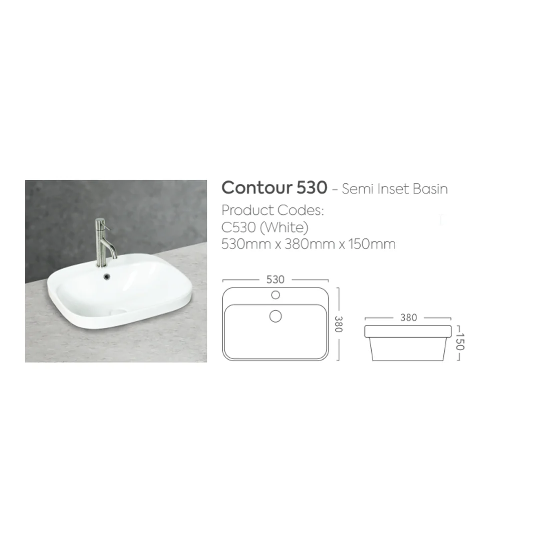 Rf Contour Semi Inset Basin 530Mm X 360Mm X 150 Mm 1 Tap Hole White C530 - Image 3