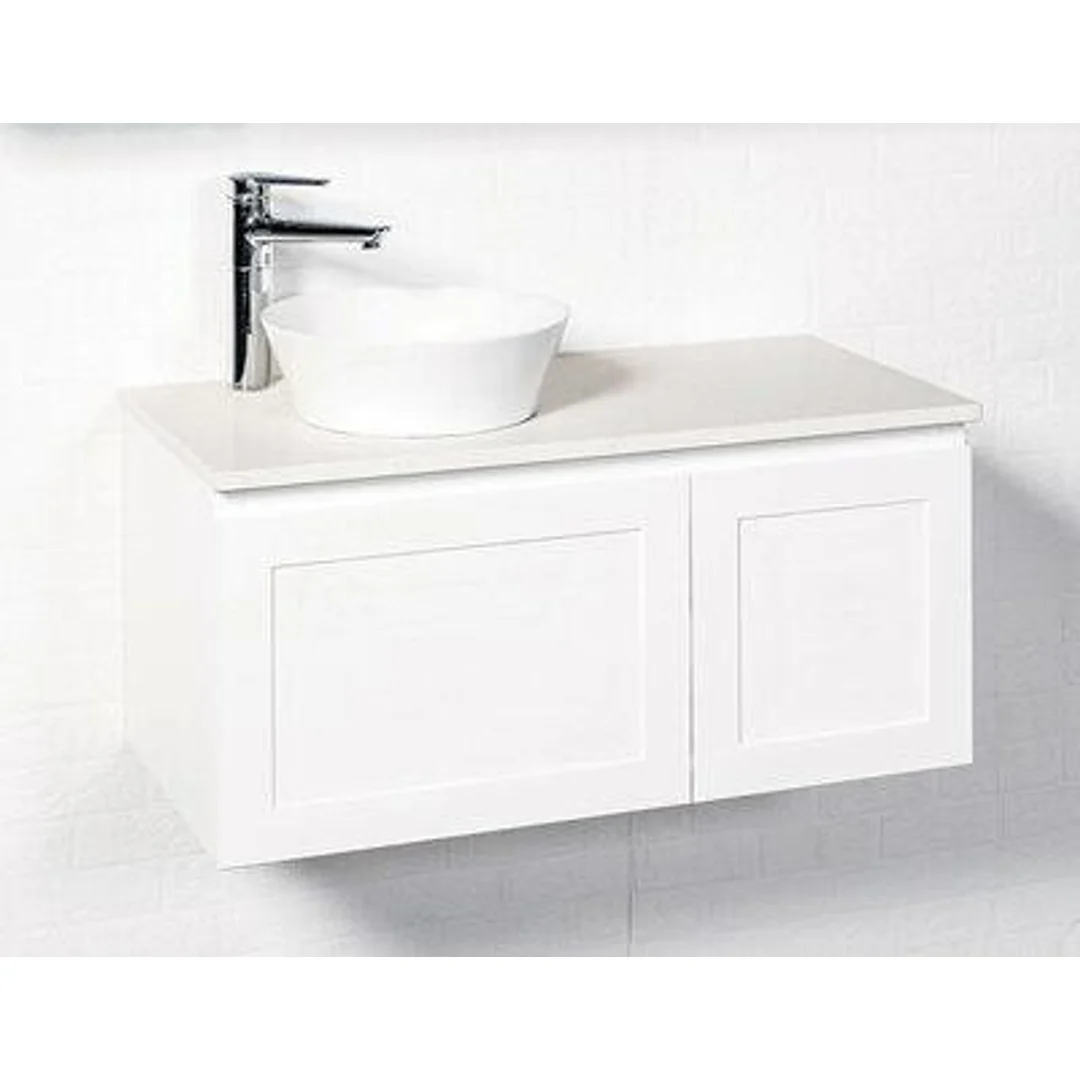 Rf Virtue 900 Wall Hung Vanity Stone Top & White Satin Cab Semi Ins Basin