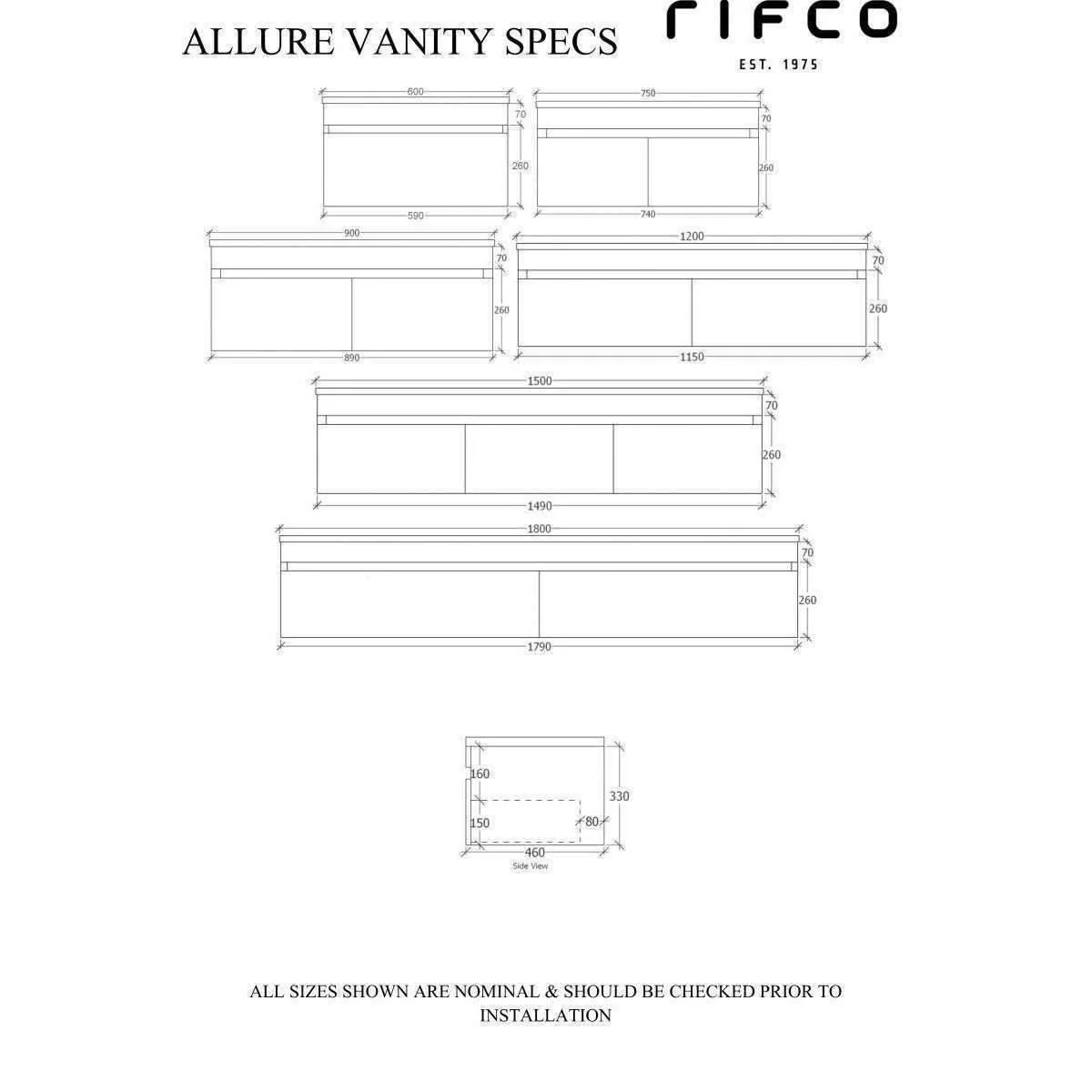 Rifco Allure W/Hung Vanity 1200 Stadium Top 1 Tap Hole - Image 3
