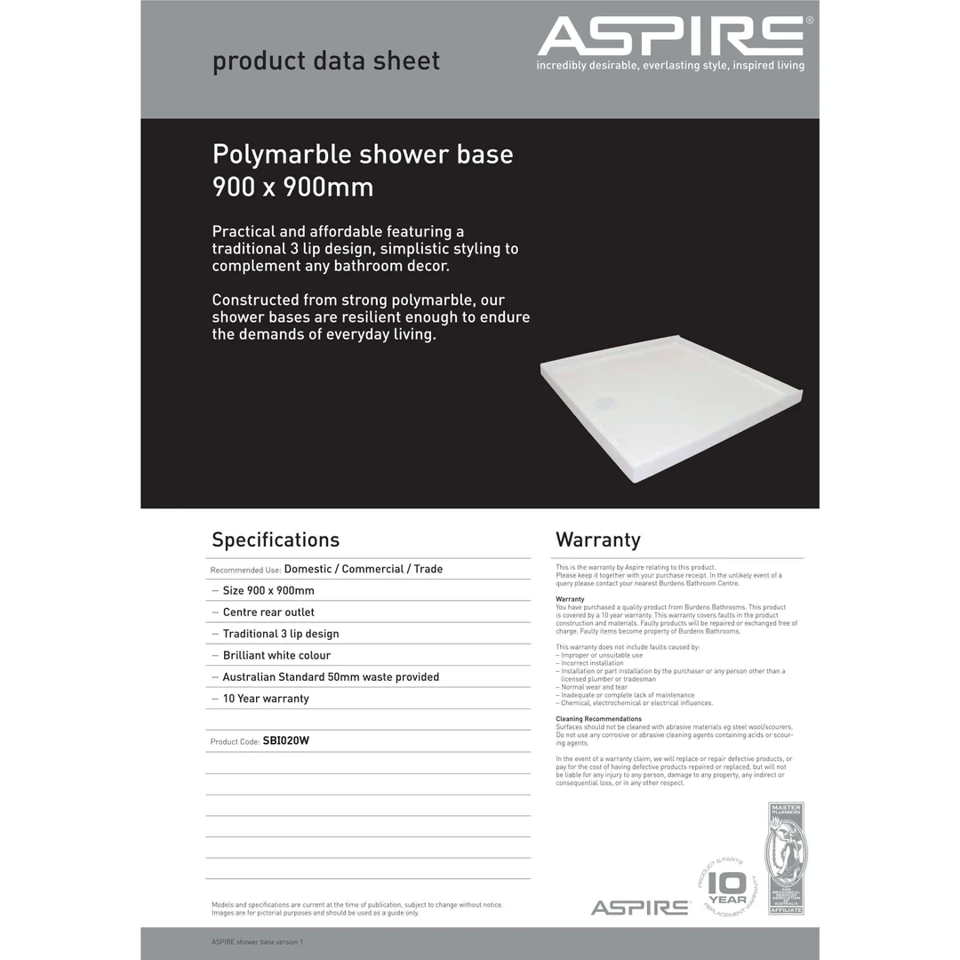 Aspire Shower Base 900 X 900 Poly Centre R/Outlet White - Image 4