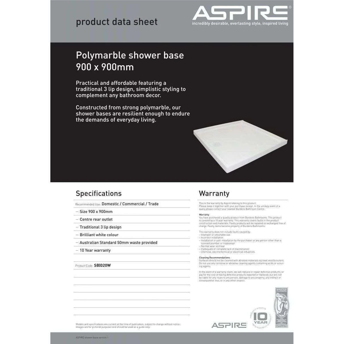 Aspire Shower Base 900 X 900 Poly Centre R/Outlet White - Image 6