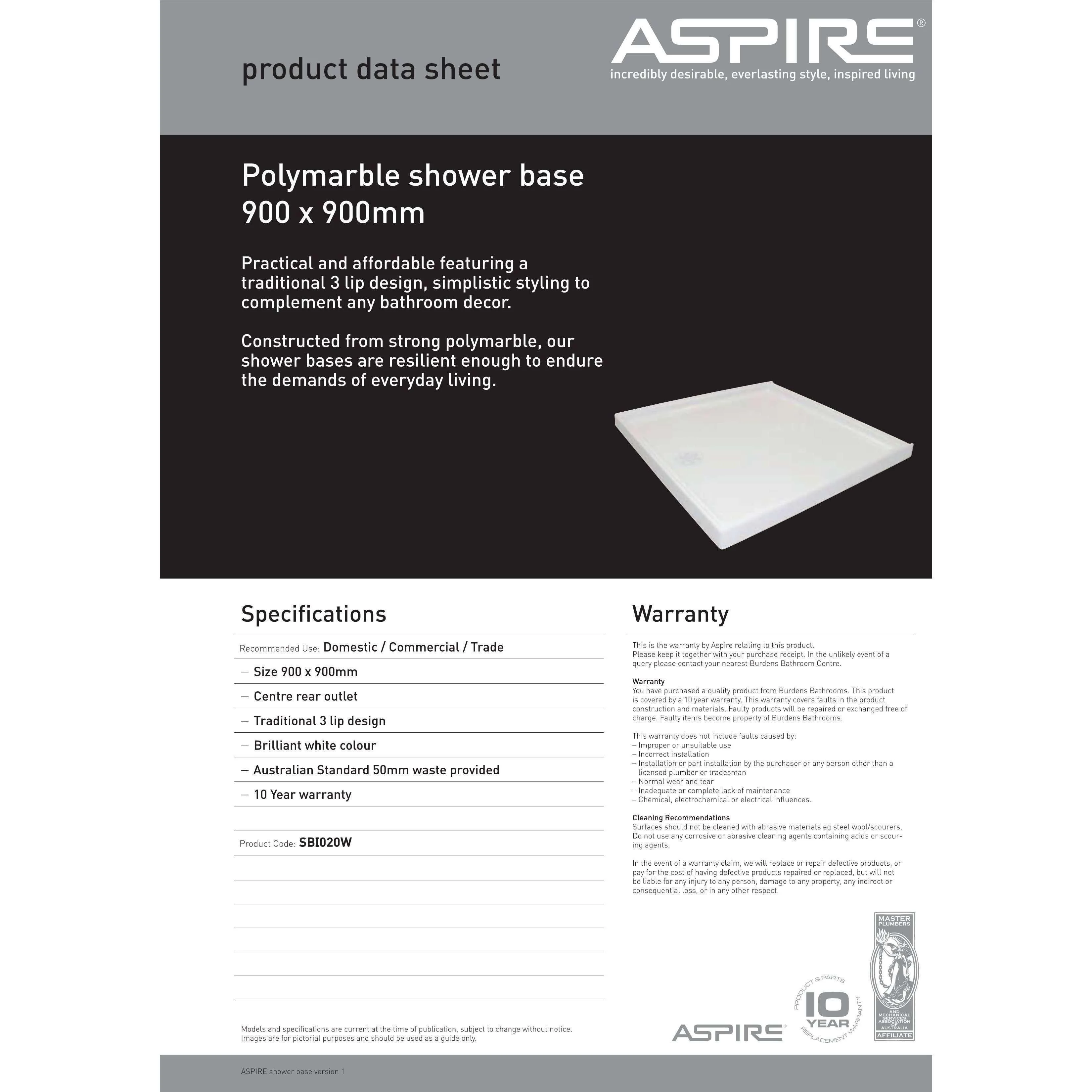 Aspire Shower Base 900 X 900 Poly Centre R/Outlet White - Image 7