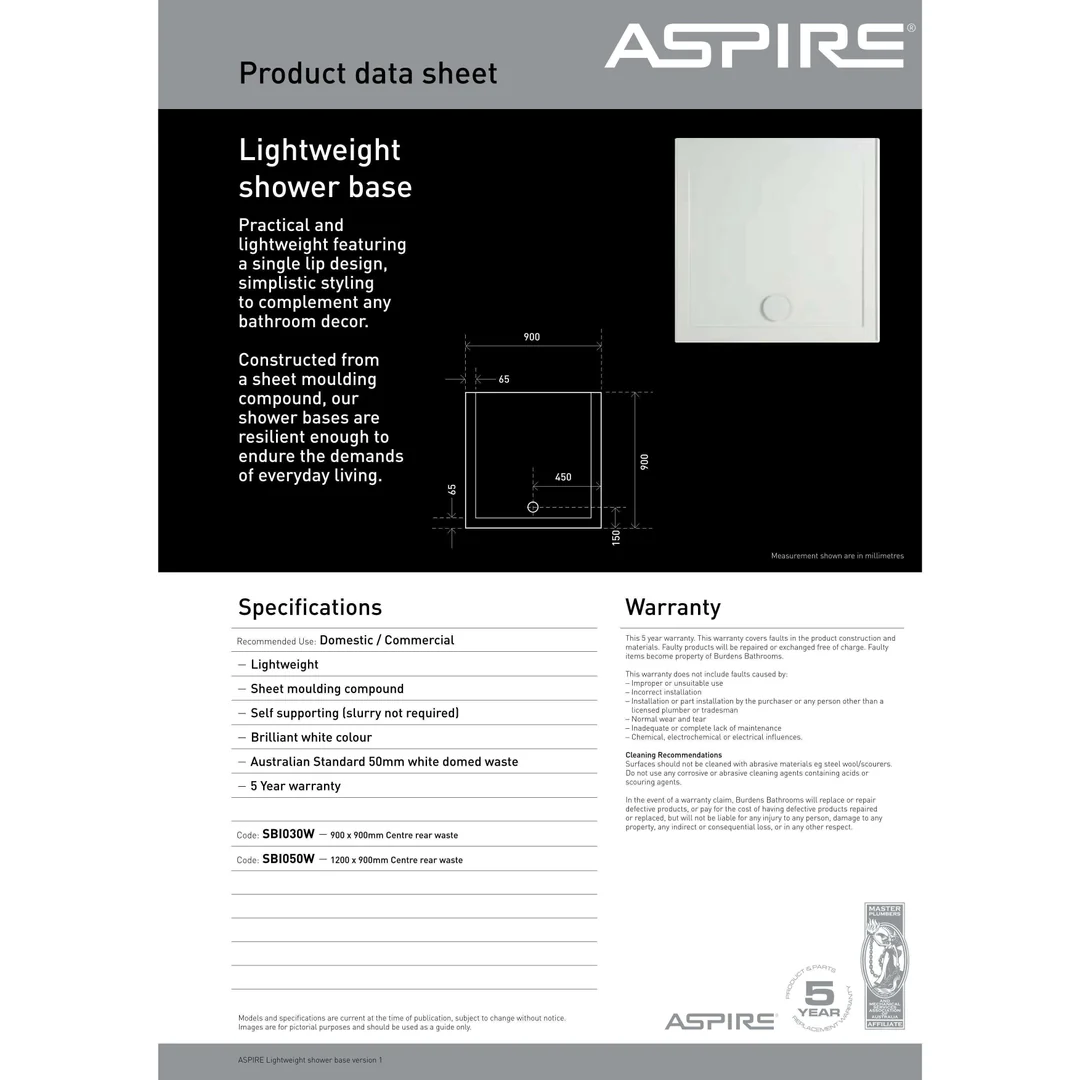 Aspire Lightweight Shower Base 900X900 Smc Cntr R/Outlt Wht - Image 4