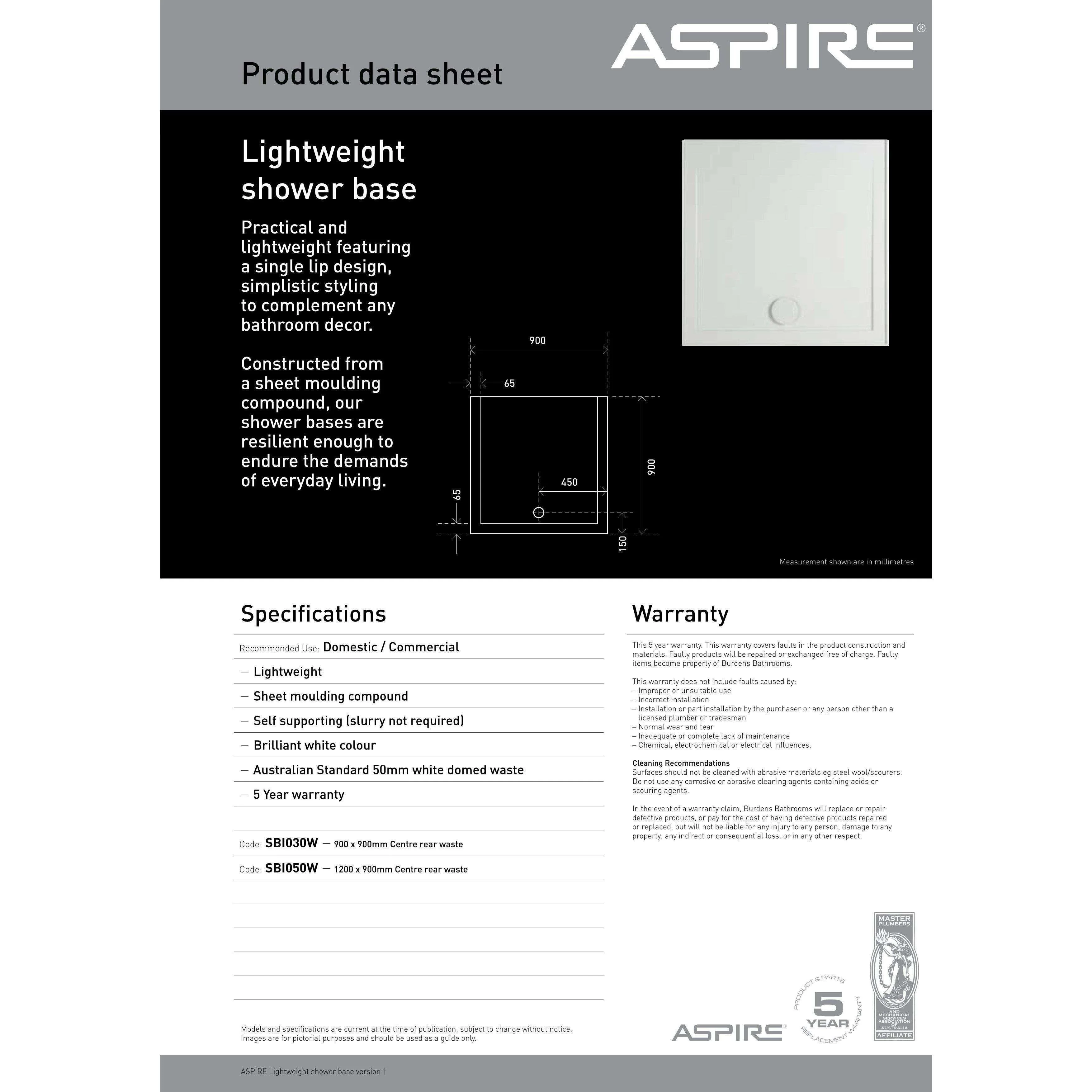 Aspire Lightweight Shower Base 1200X900 Smc Cntr R/Outlet - Image 4
