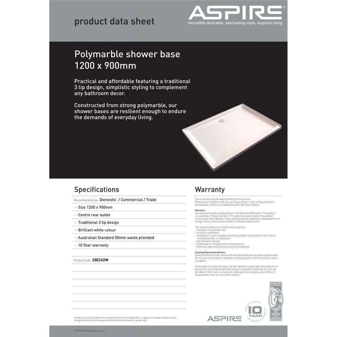 Aspire Shower Base 1200 X900 Poly Centre R/Outlet White - Image 5