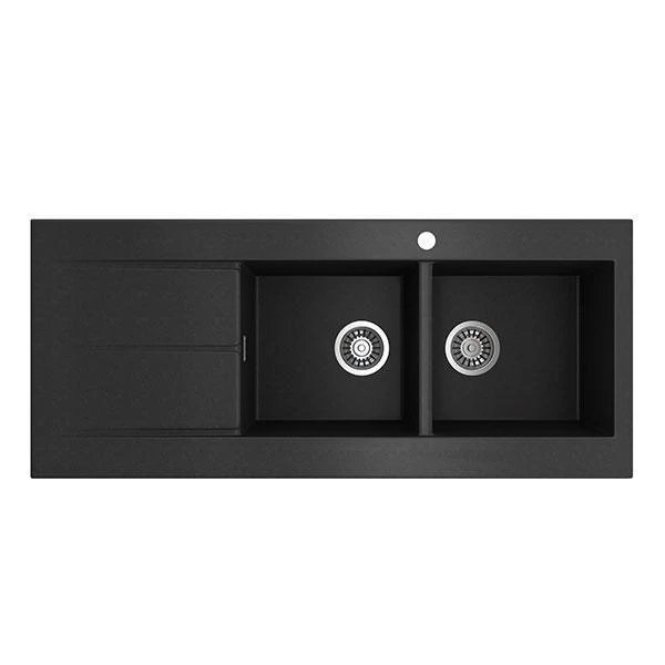 SEIMA OROS 1162 ARQSTONE SINK 2 BOWL BLACK 1 TAPHOLE LEFT DRAINER 1160X500X210MM