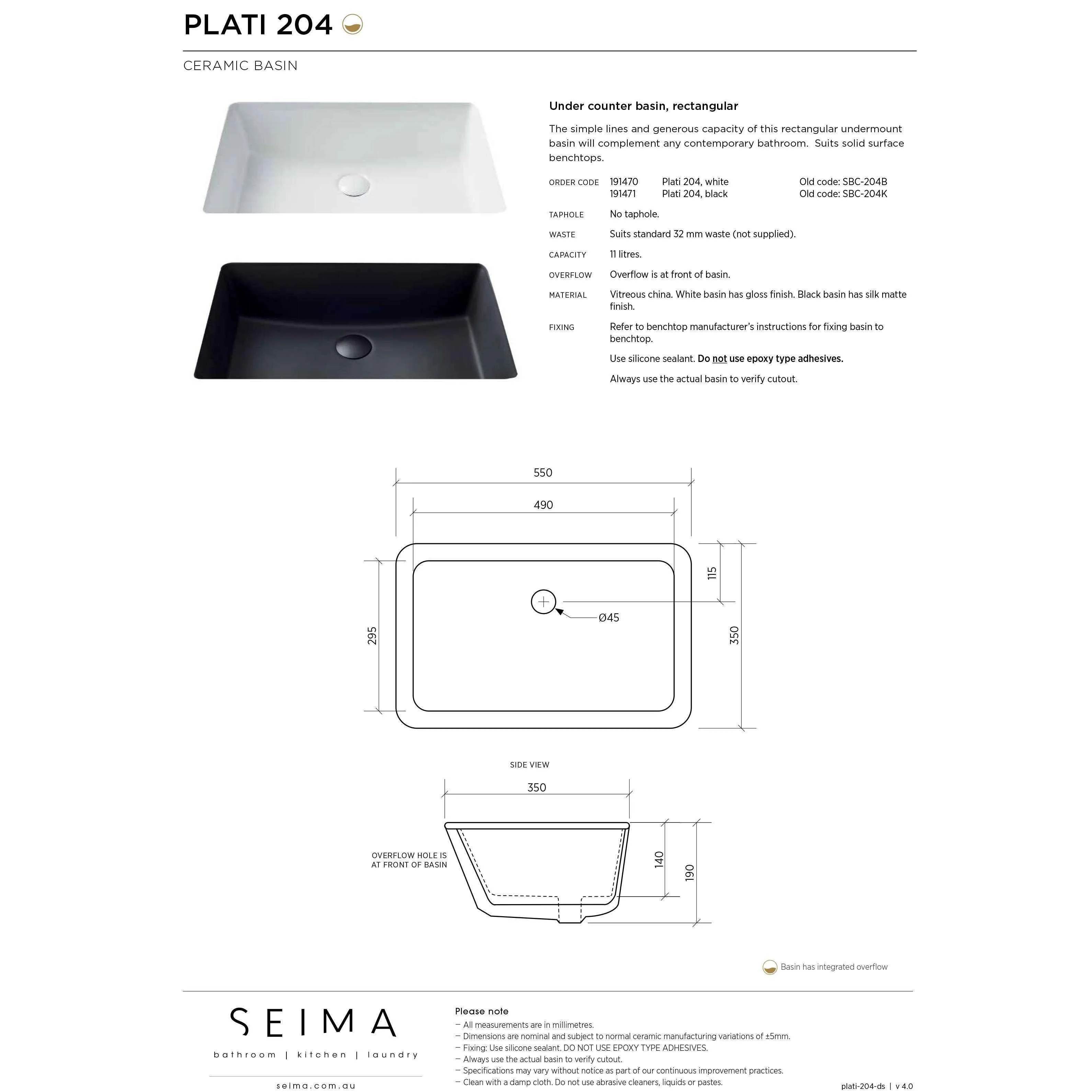 Seima Plati Undermount Basin 550 X 350 Black With Overflow Sbc-204K - Image 5