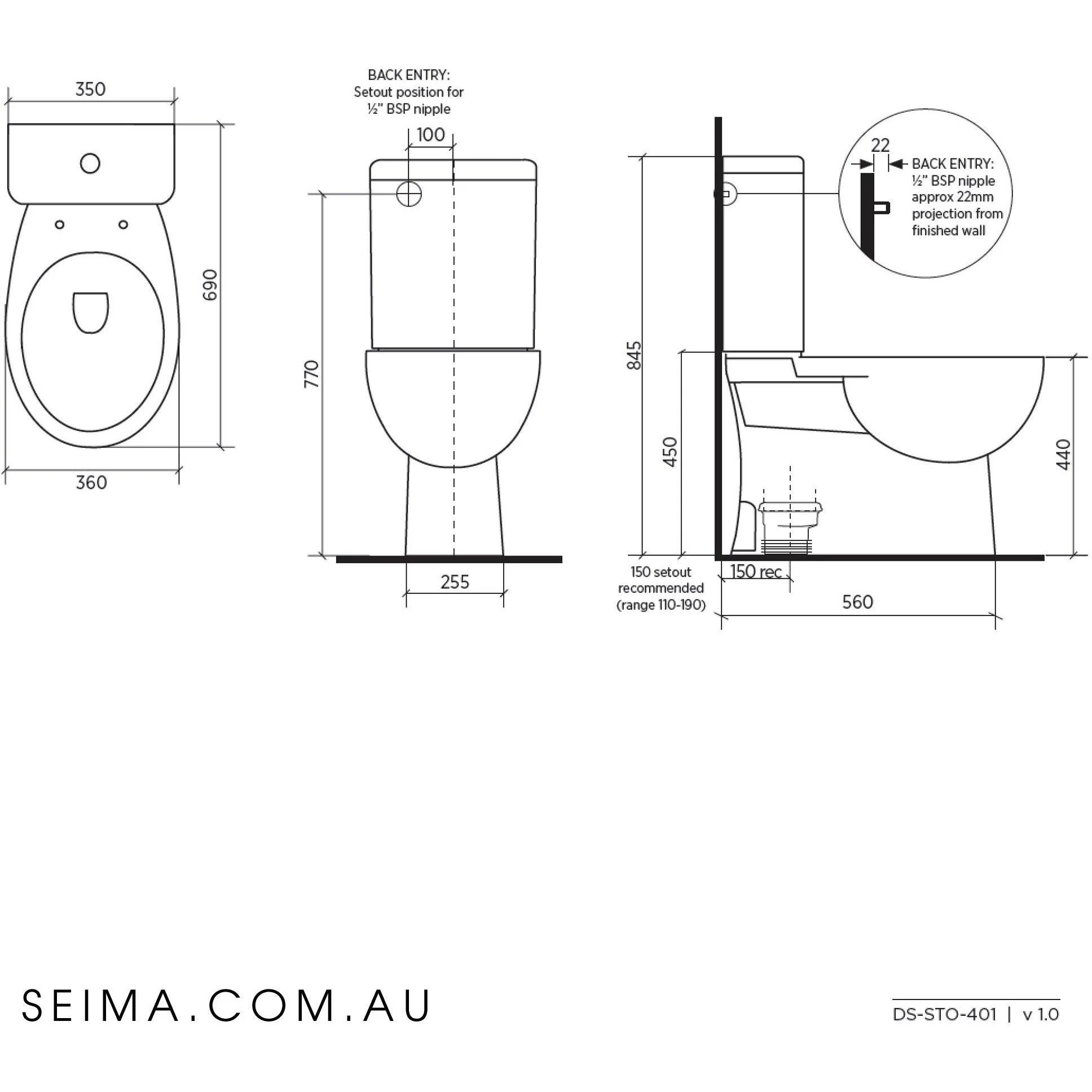 Seima Select Wall Close Coupled Toilet Suite Back Entry - Image 4
