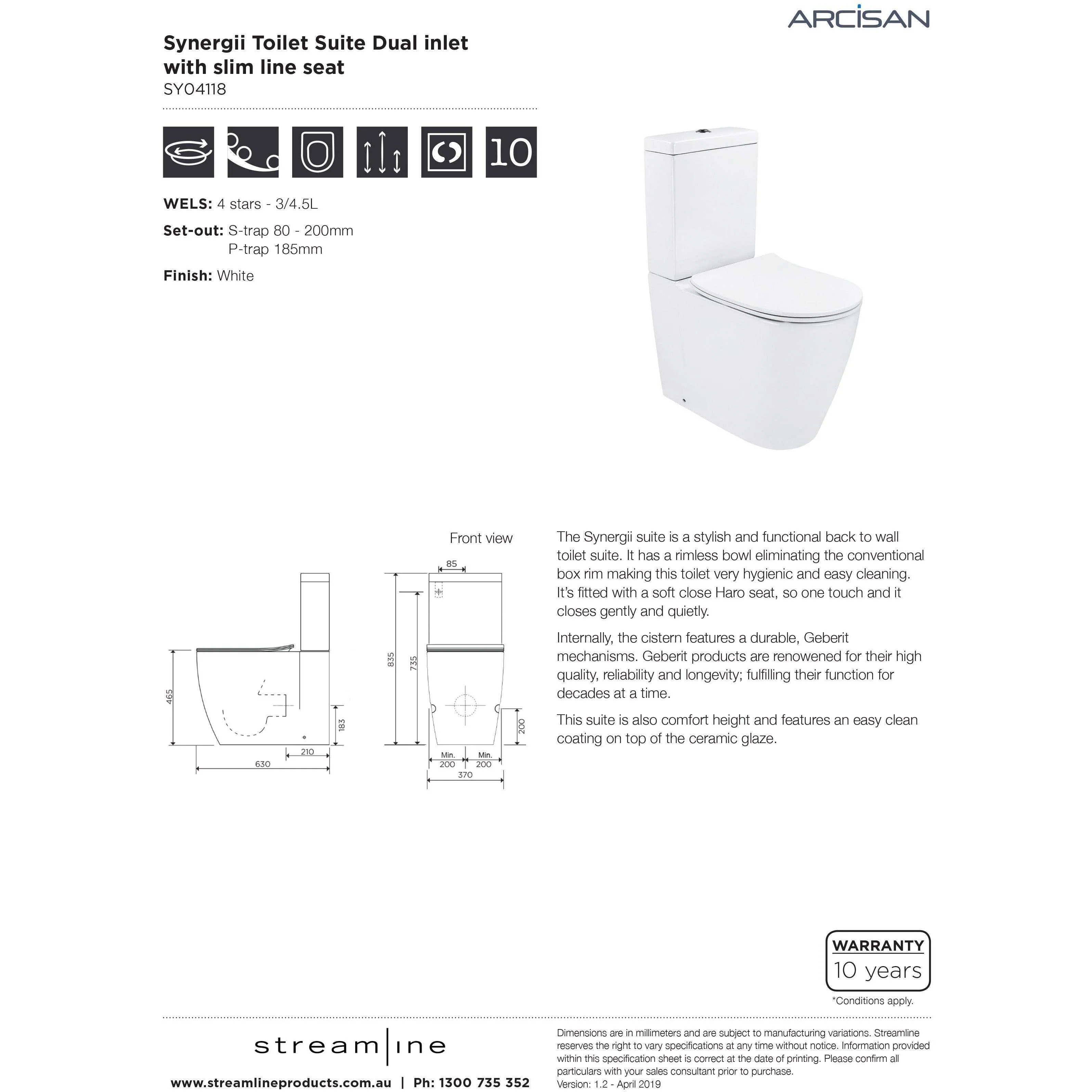 Streamline Arcisan Synergii Back-to-Wall Toilet Suite Dual Inlet Slim Seat - Image 10
