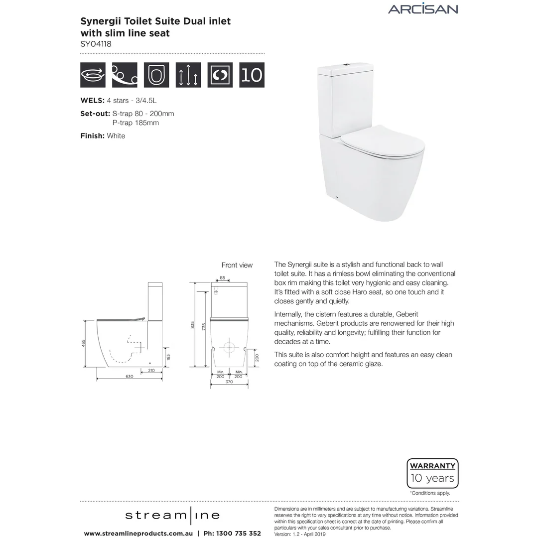 Streamline Arcisan Synergii Back-to-Wall Toilet Suite Dual Inlet Slim Seat - Image 5