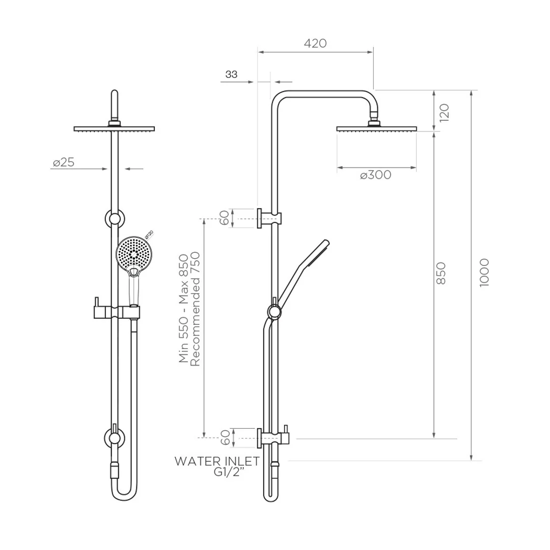 Streamline Axus Shower Column Bottom Div 300mm Head Air-Fusion H/Shower - Chrome - Image 3
