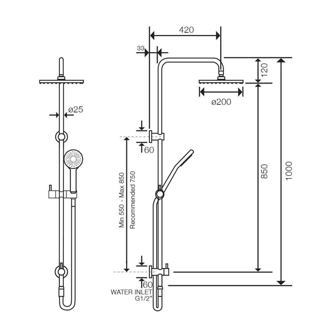 Streamline Axus Shower Column W.Slide Rail And Hand Shower Bottom Div - Rose Gold PVD - Image 3