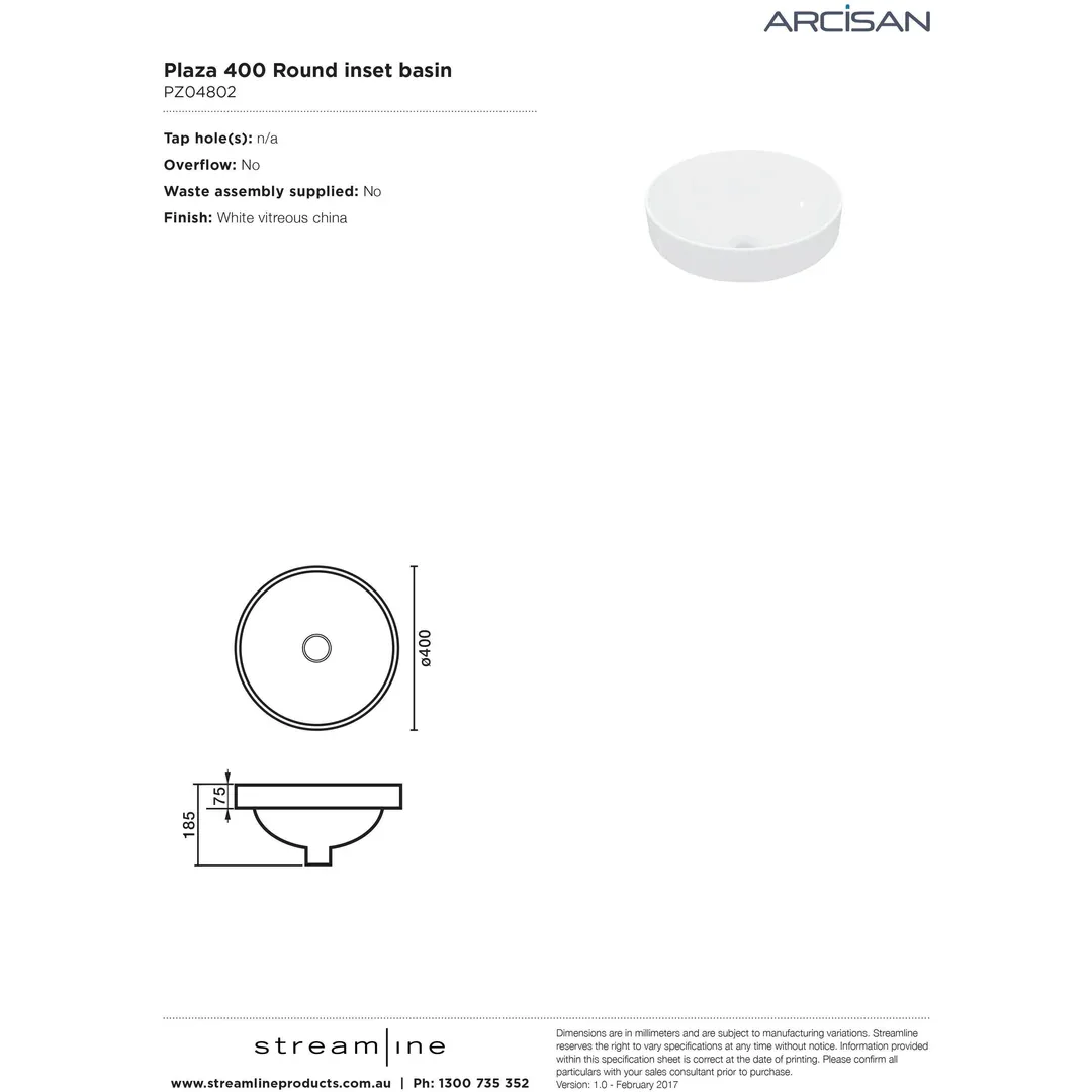 Arcisan Plaza Round Semi Inset Basin 400mm Dia White - Image 4