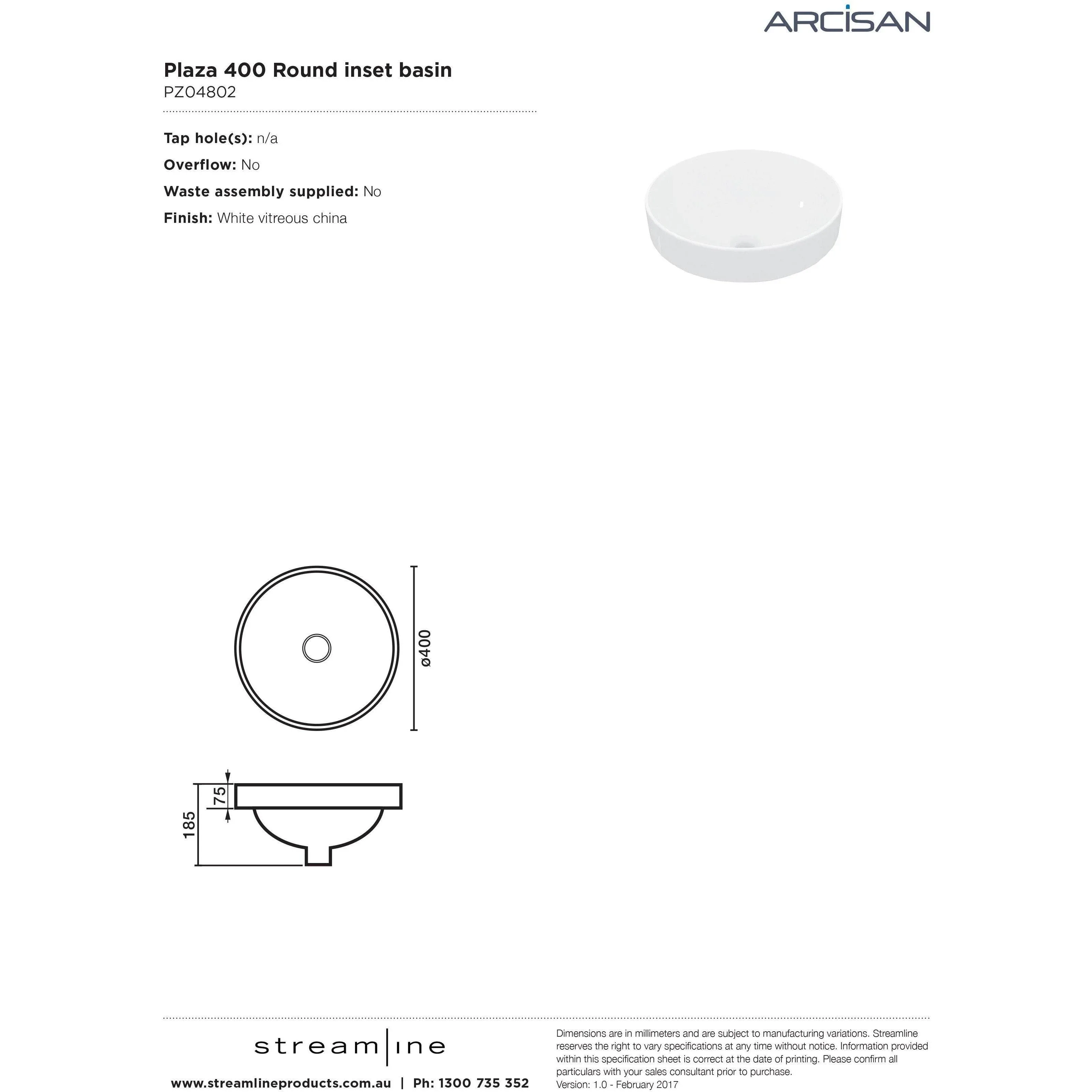Arcisan Plaza Round Semi Inset Basin 400mm Dia White - Image 5