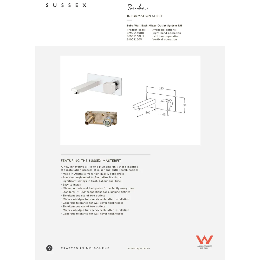 Sussex Suba Wall Basin Mixer O/L System Rh 160 Chrome(Colr=00)(P# - Image 2