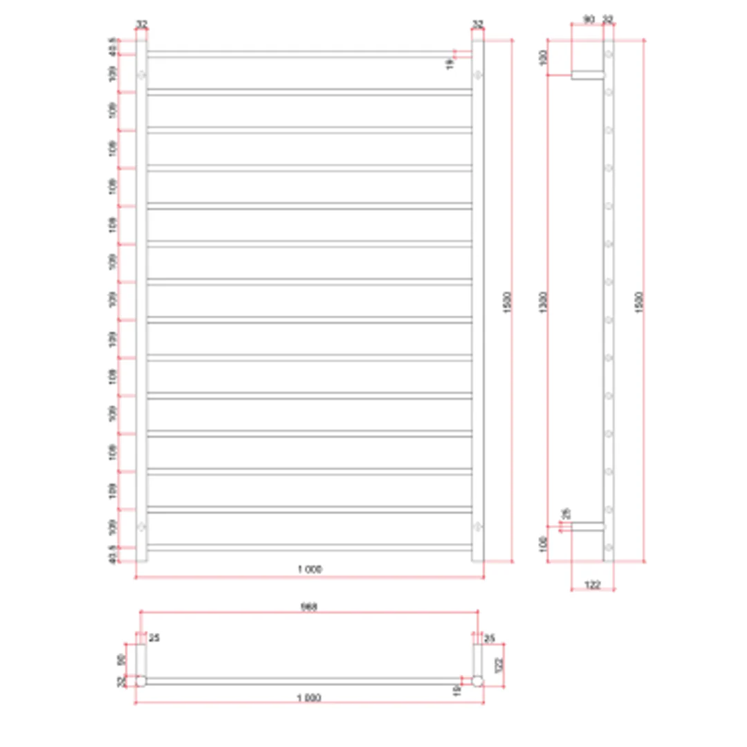 Thermorail Straight Round Stainless Ladder - 1000X1500X122mm 244Watts 14 Bars - Image 3