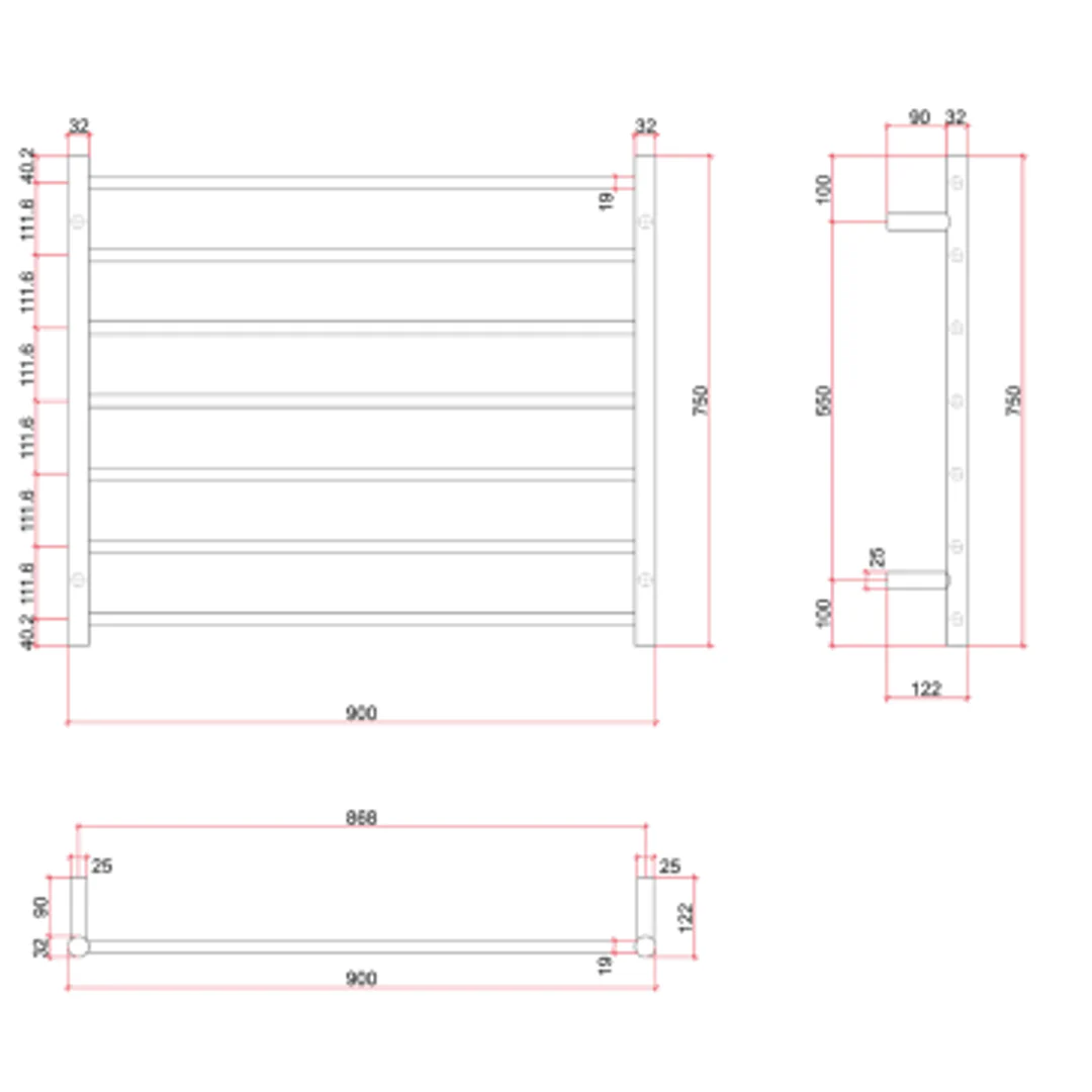 Thermorail Straight Round Stainless Ladder - 900X750X122mm 100Watts 7 Bars - Image 3