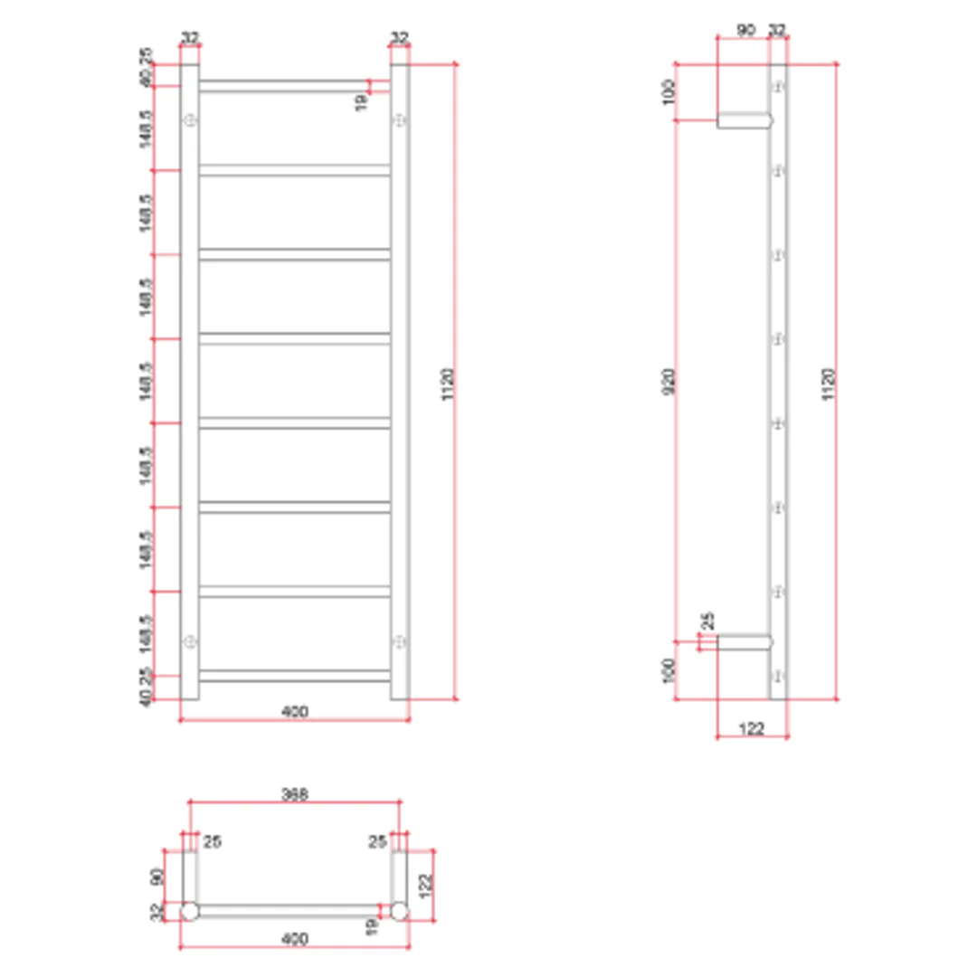 Thermorail Straight Round Stainless Ladder - 400X1120X122mm 65Watts 8 Bars - Image 3